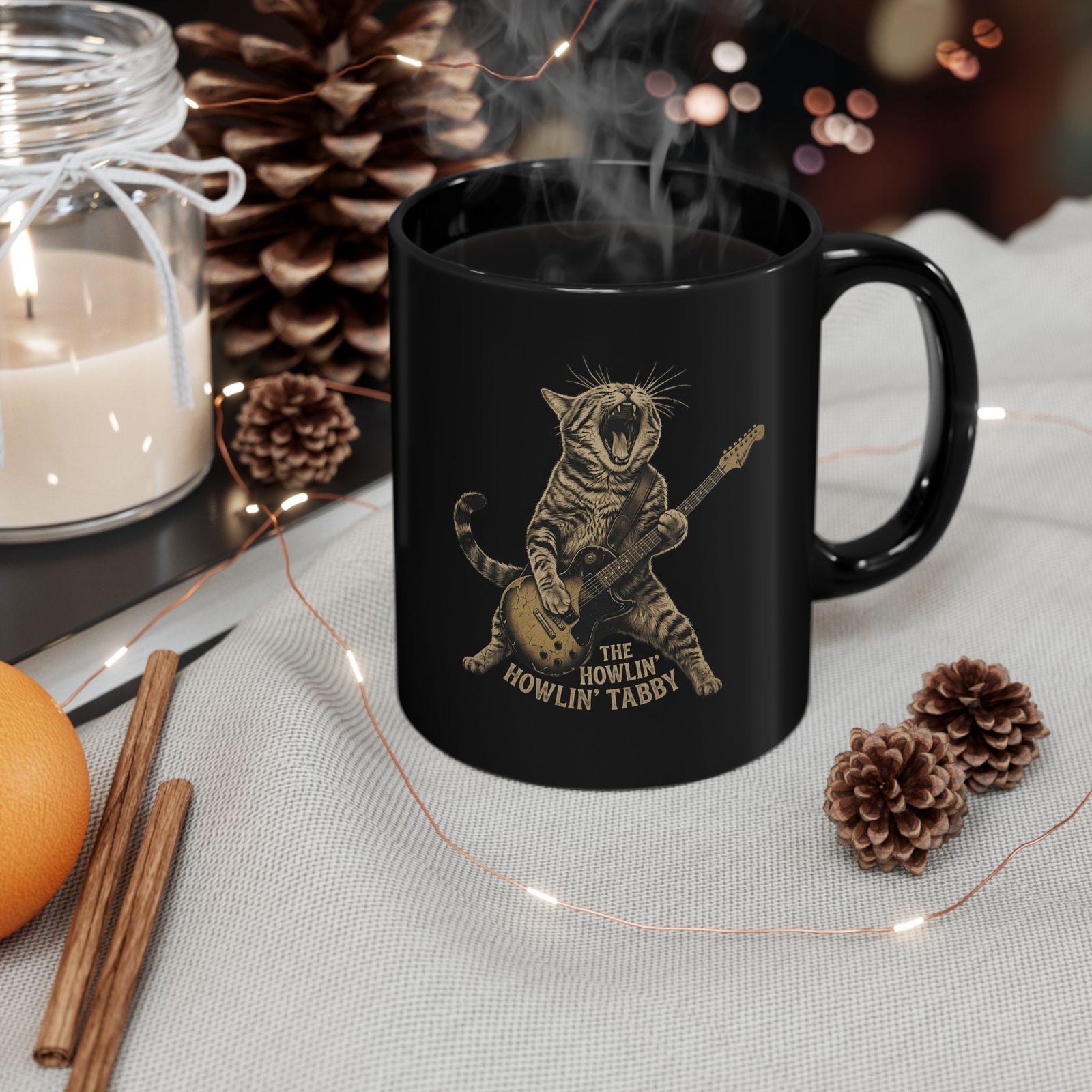 Howlin' Howlin' Tabby Black Mug — Retro Cat Graphic Mug