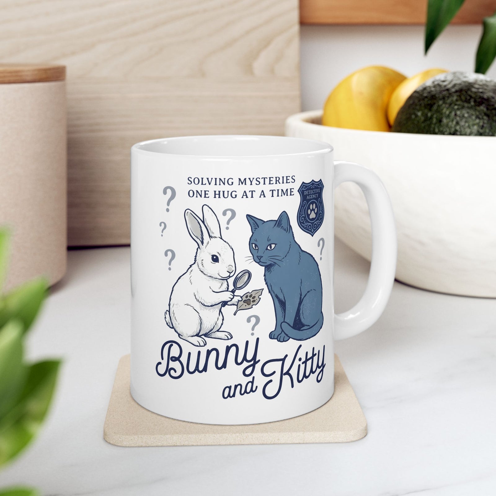Detective Bunny & Kitty Ceramic Mug — Cute 'Solving Mysteries One Hug At A Time' Mug