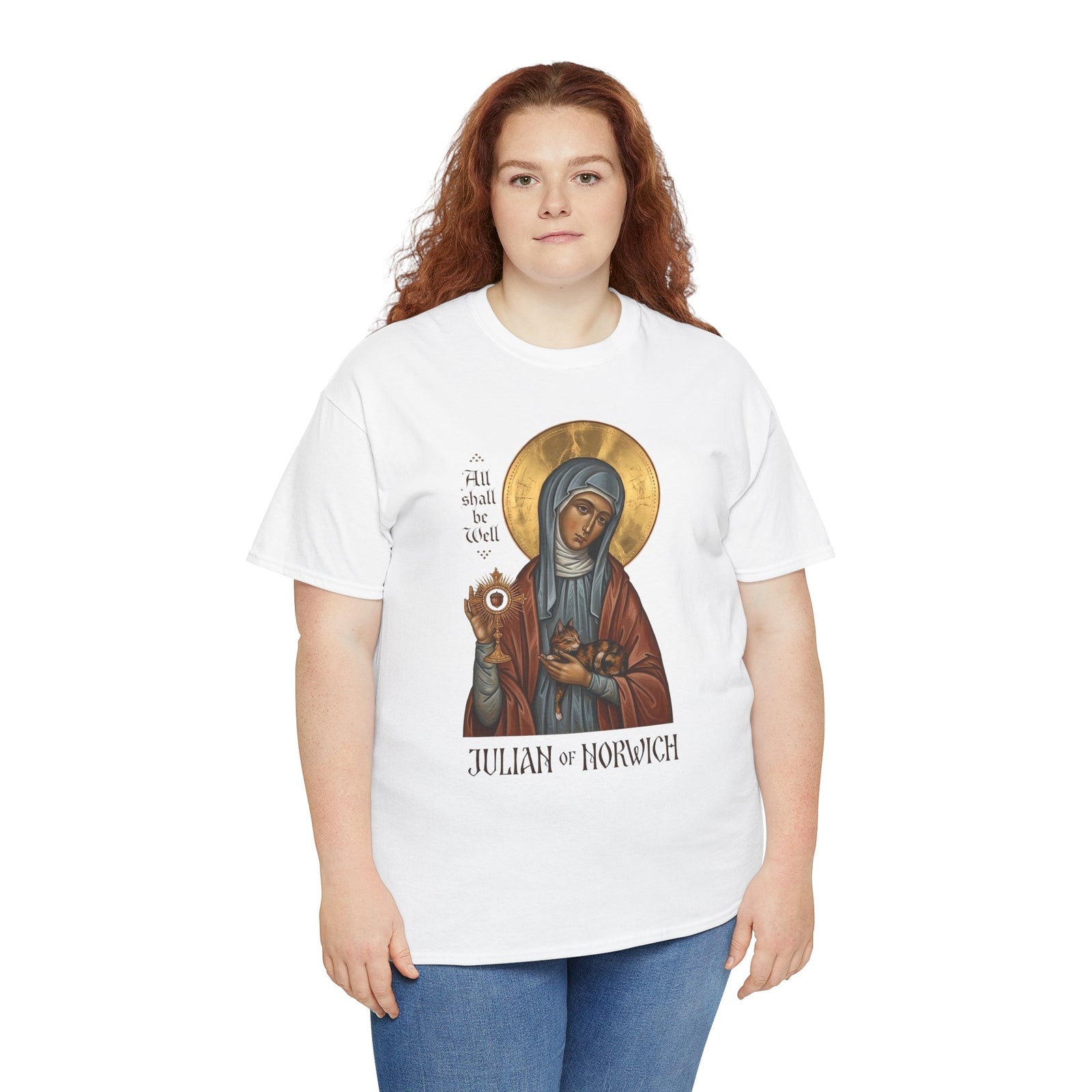 Julian of Norwich & Cat T-Shirt — Spiritual Saint Tee for Cat Lovers