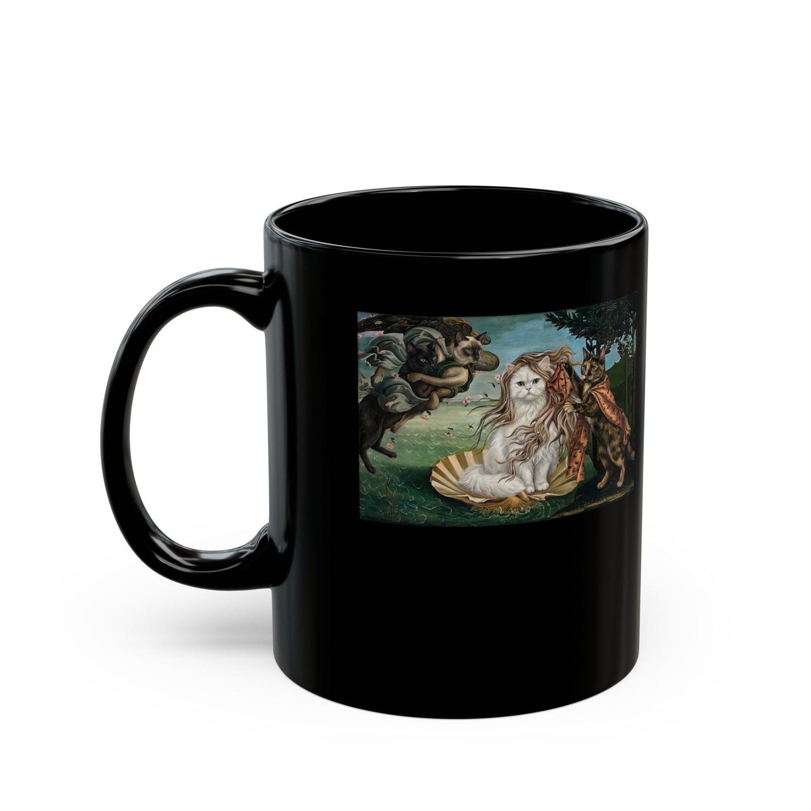 Birth of Venus Kitty Black Mug — Vintage Art Cat Mug