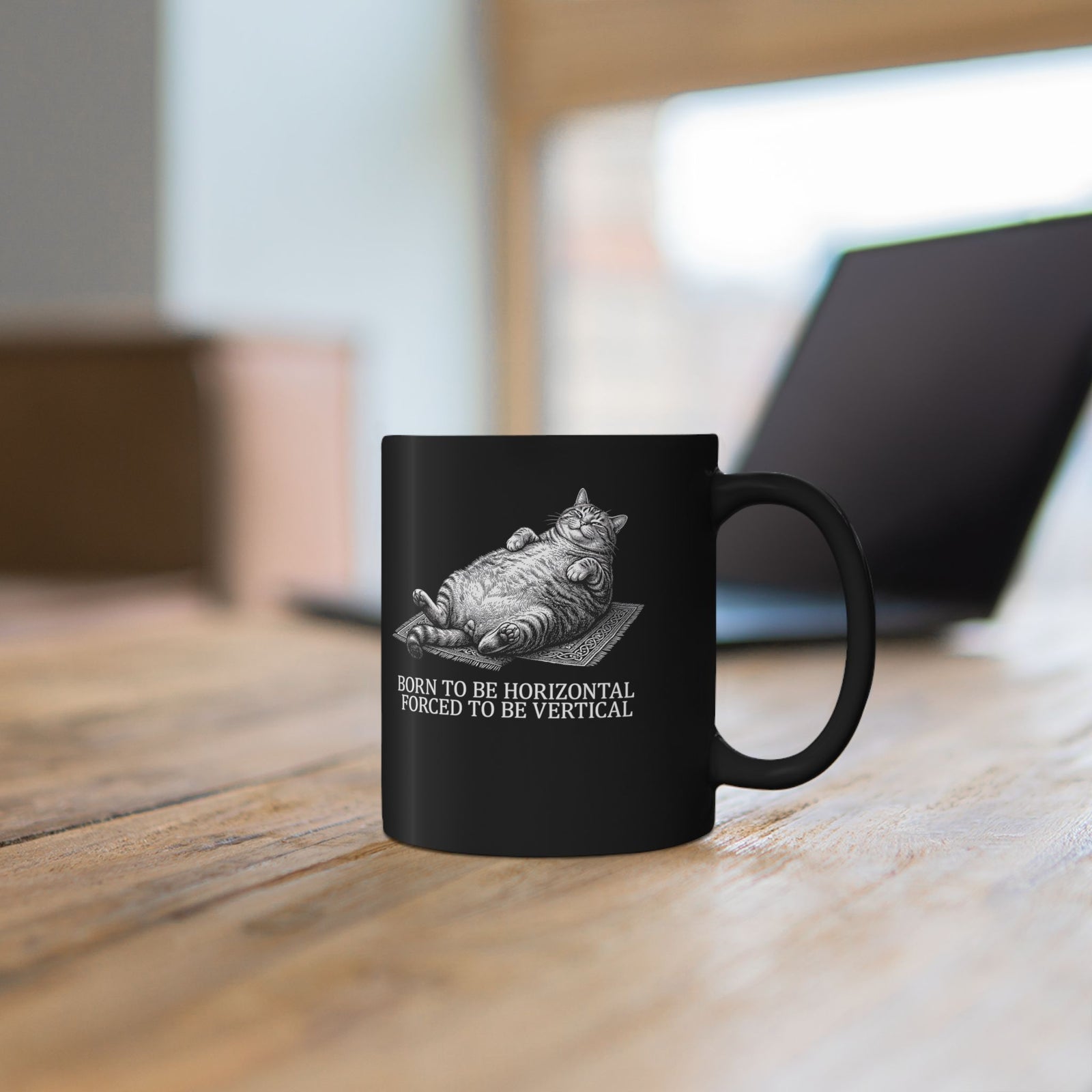 Born to Be Horizontal Fat Cat Black Mug — Funny Lazy Cat Mug
