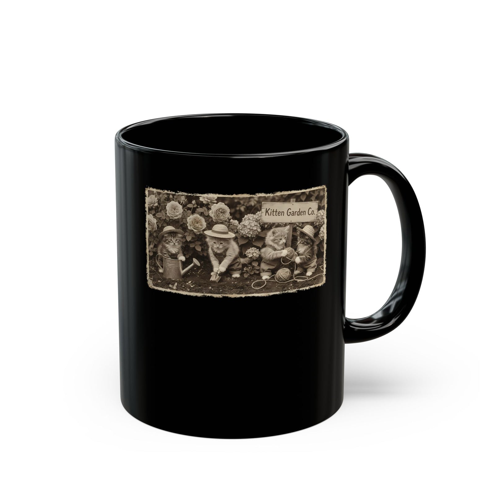 Vintage Kittens in the Garden Black Mug — Cute Floral Cat Mug