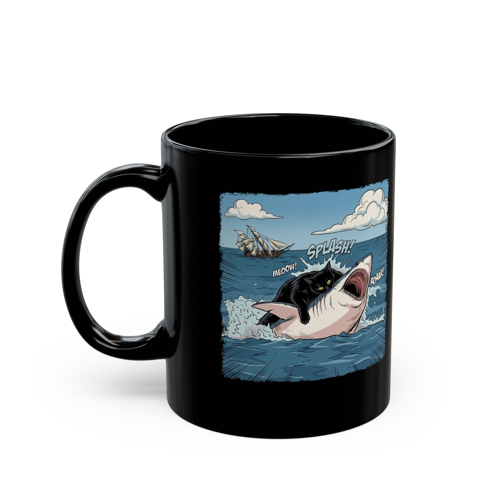 Black Cat Vs White Shark Black Mug — Funny Comic Book Ocean Battle Mug