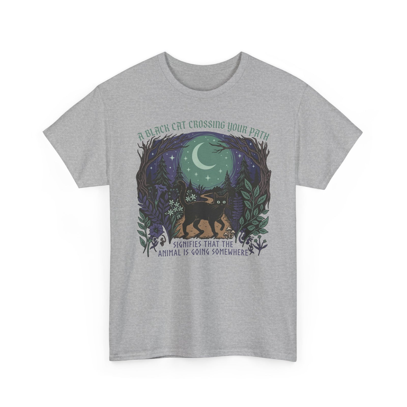 Black Cat Crossing Your Path Tee — Whimsical Moonlit Forest Cat Shirt
