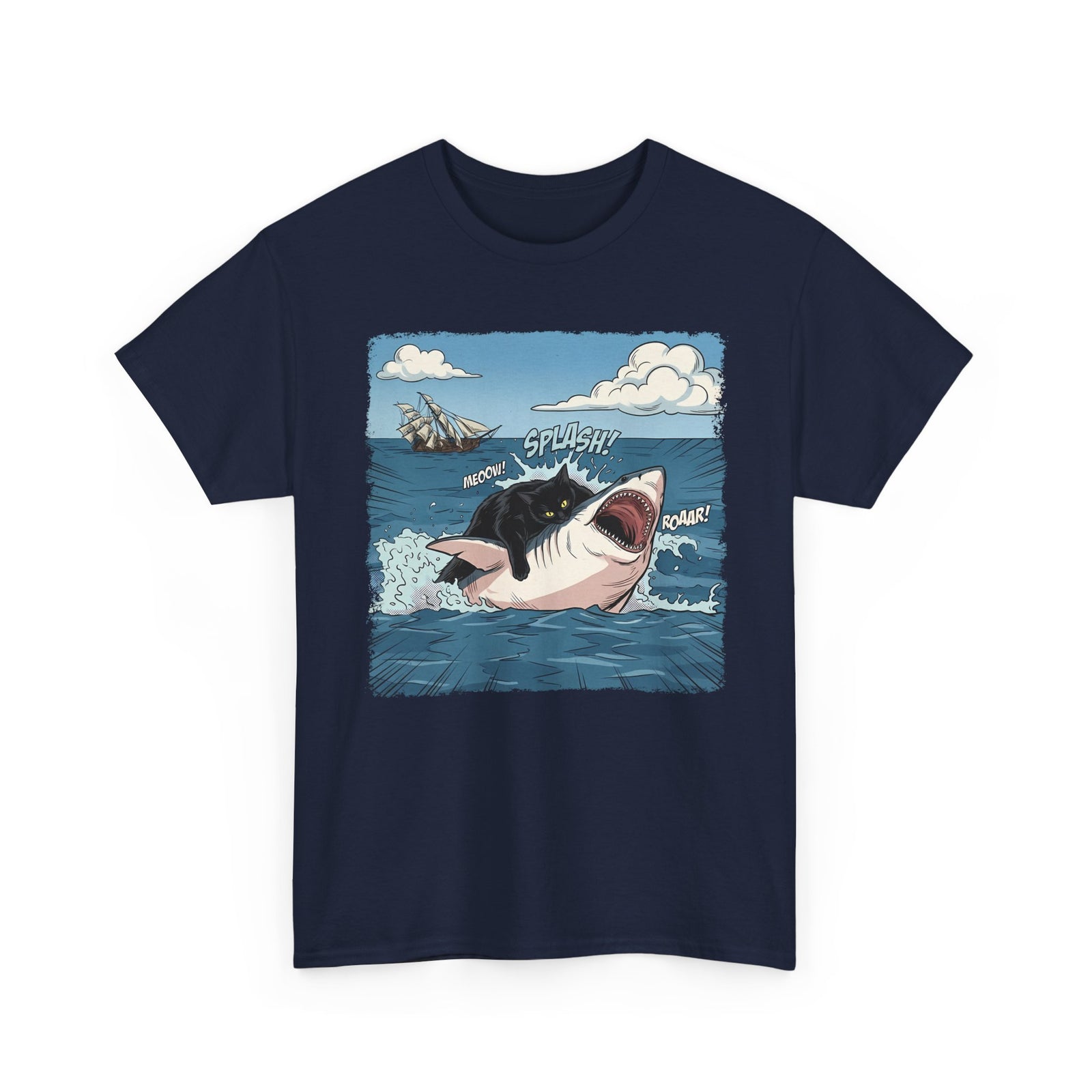 Black Cat Vs White Shark T-Shirt — Funny Comic Book Ocean Battle Tee