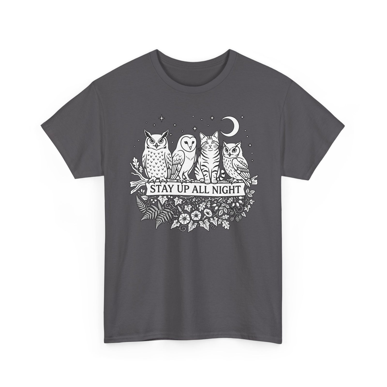 Cat Stays Up All Night T-Shirt — Cute Night Owl Cat Tee
