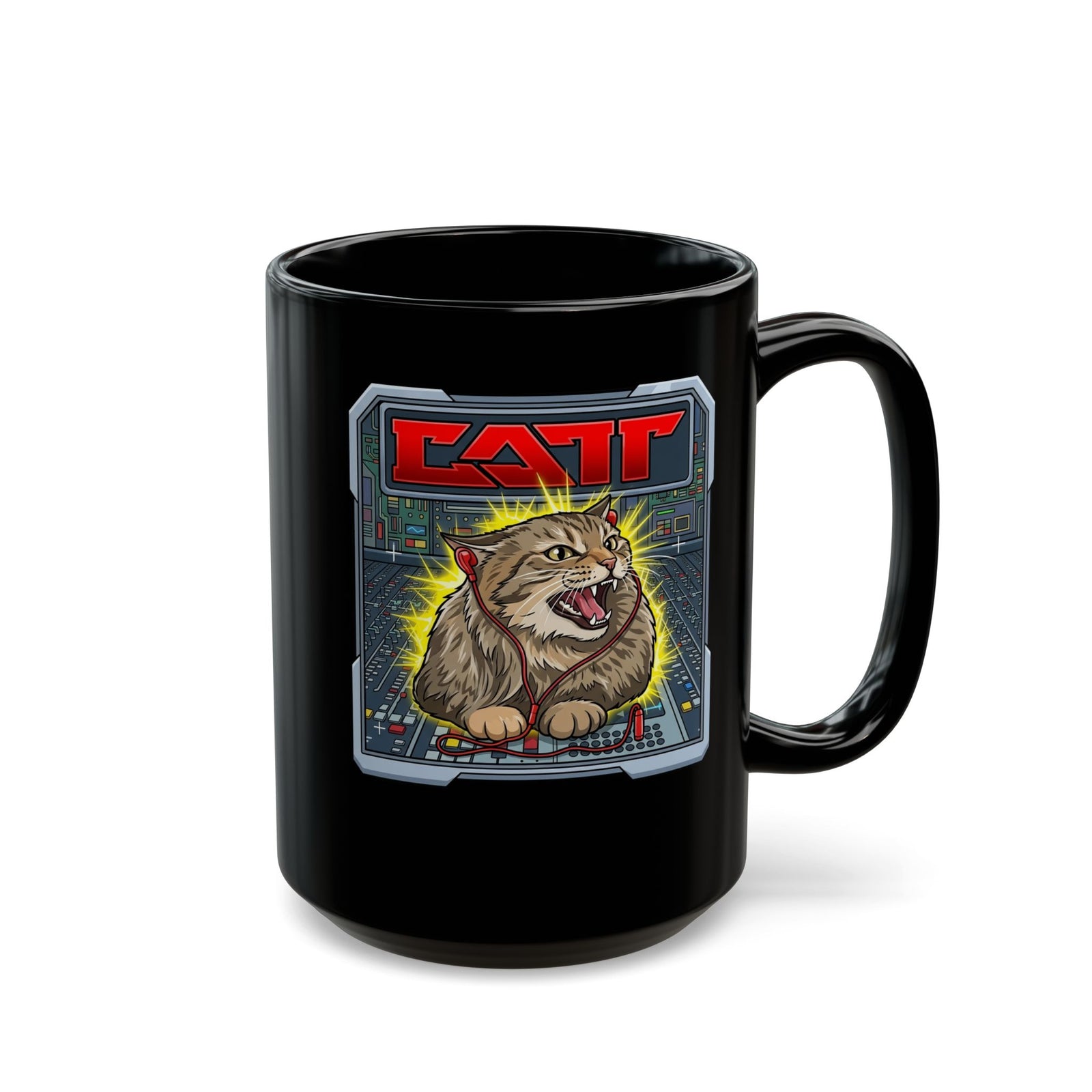 80s Hair Metal Cat Black Mug — Vintage Rock Cat Graphic Mug