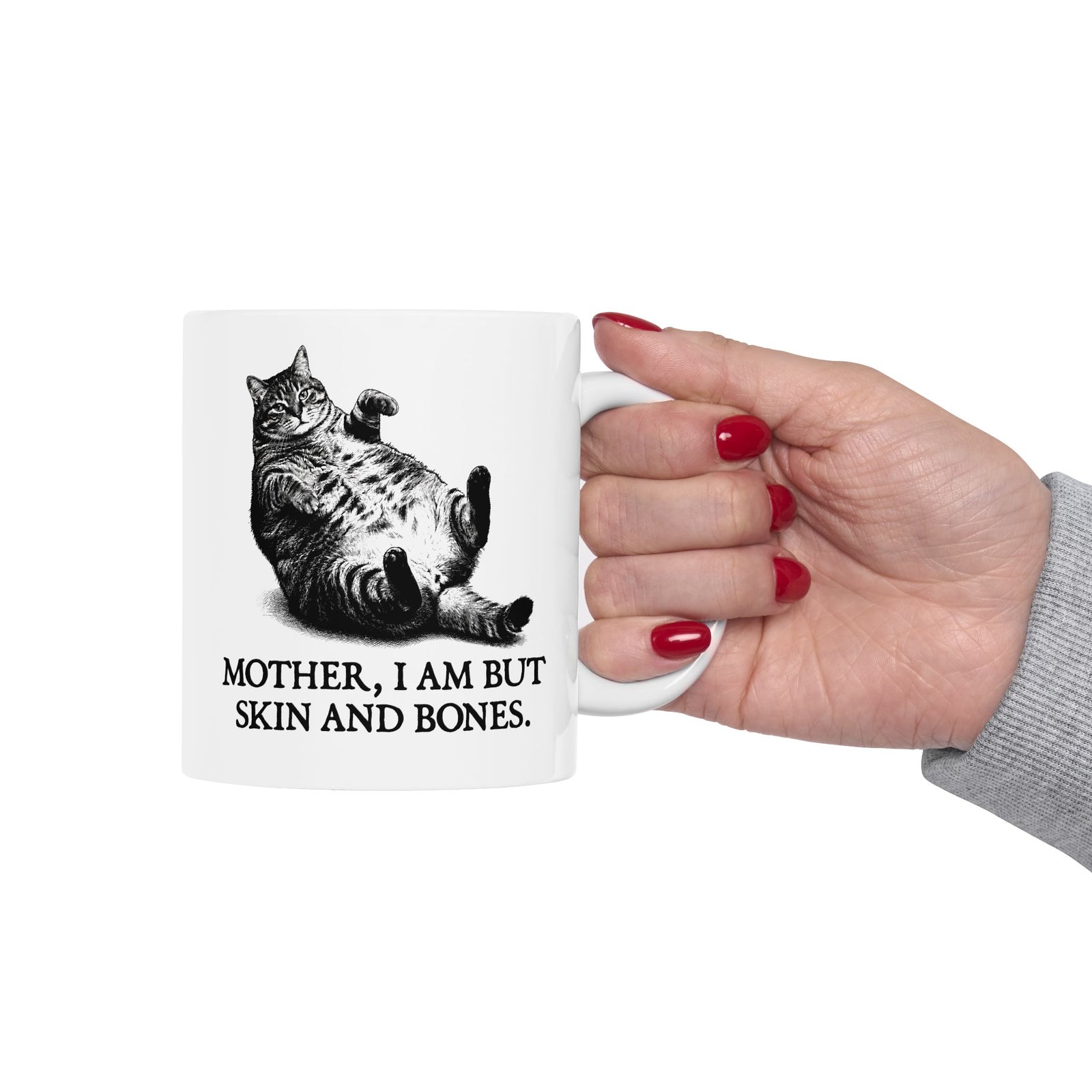 Skin And Bones Chonk Cat Ceramic Mug — Funny Dramatic Feline Graphic Mug
