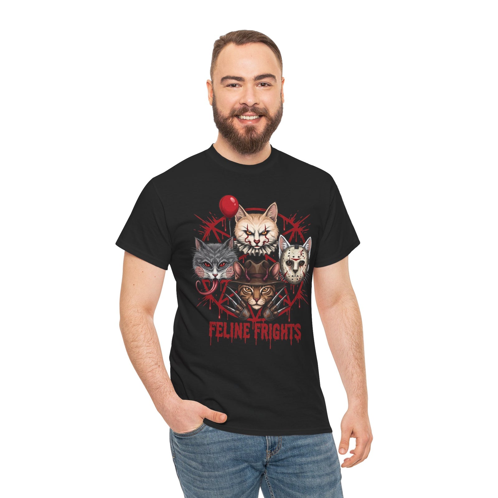 Funny Feline Frights T-Shirt — Slasher Movie Icons Cat Parody Apparel
