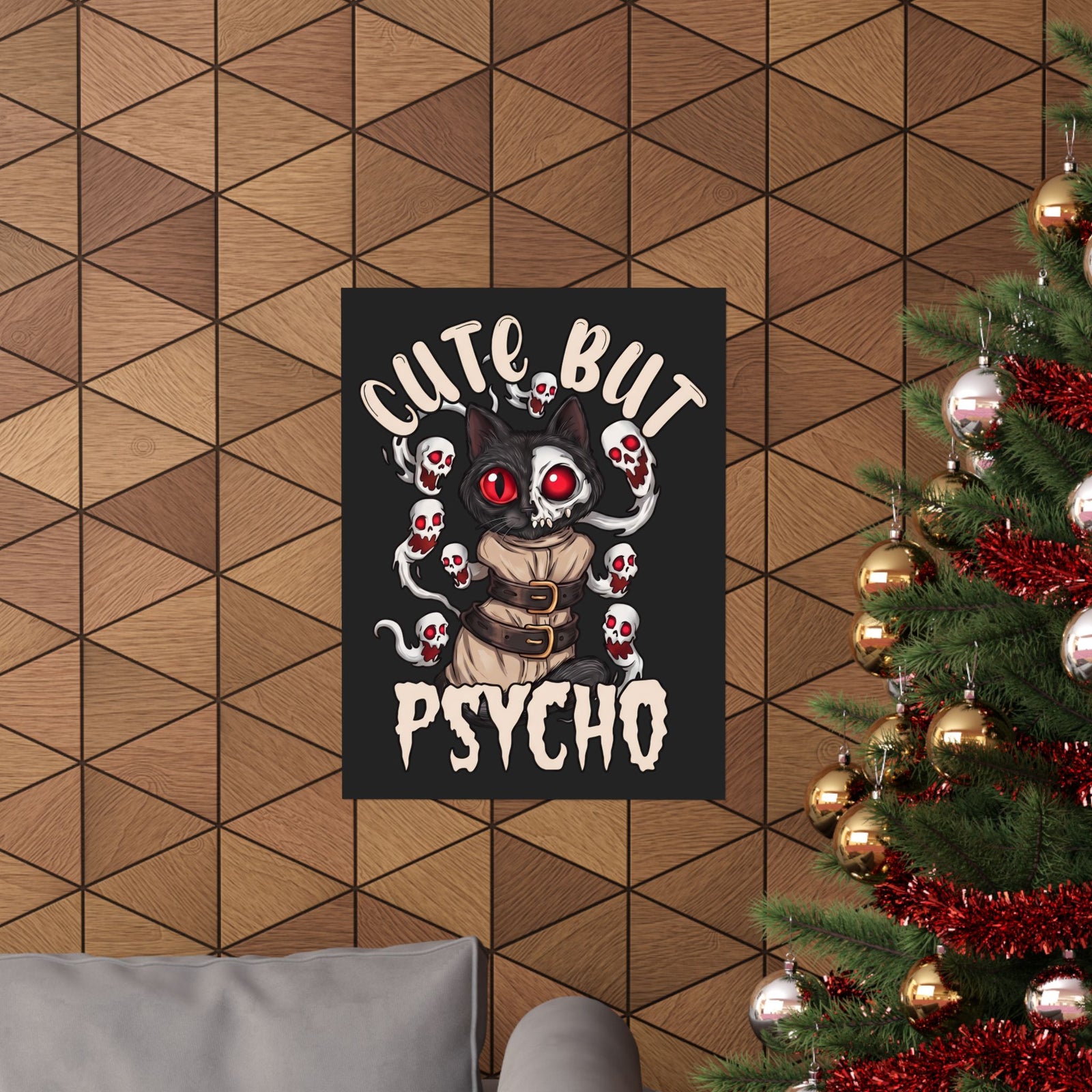 Cute But Psycho Poster — Funny Straightjacket Black Cat Horror Poster