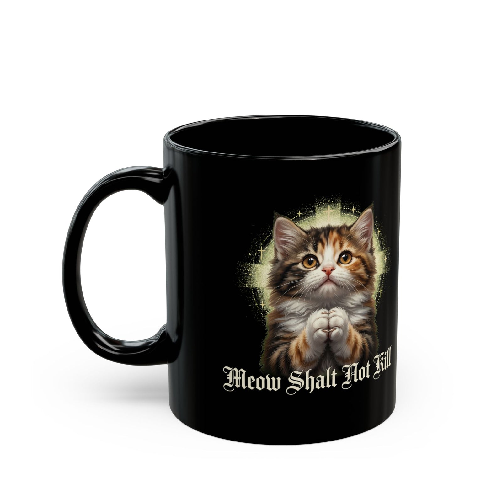 Praying Kitten T‑Mug — "Meow Shalt Not Kill" Cute Vintage Cat Mug