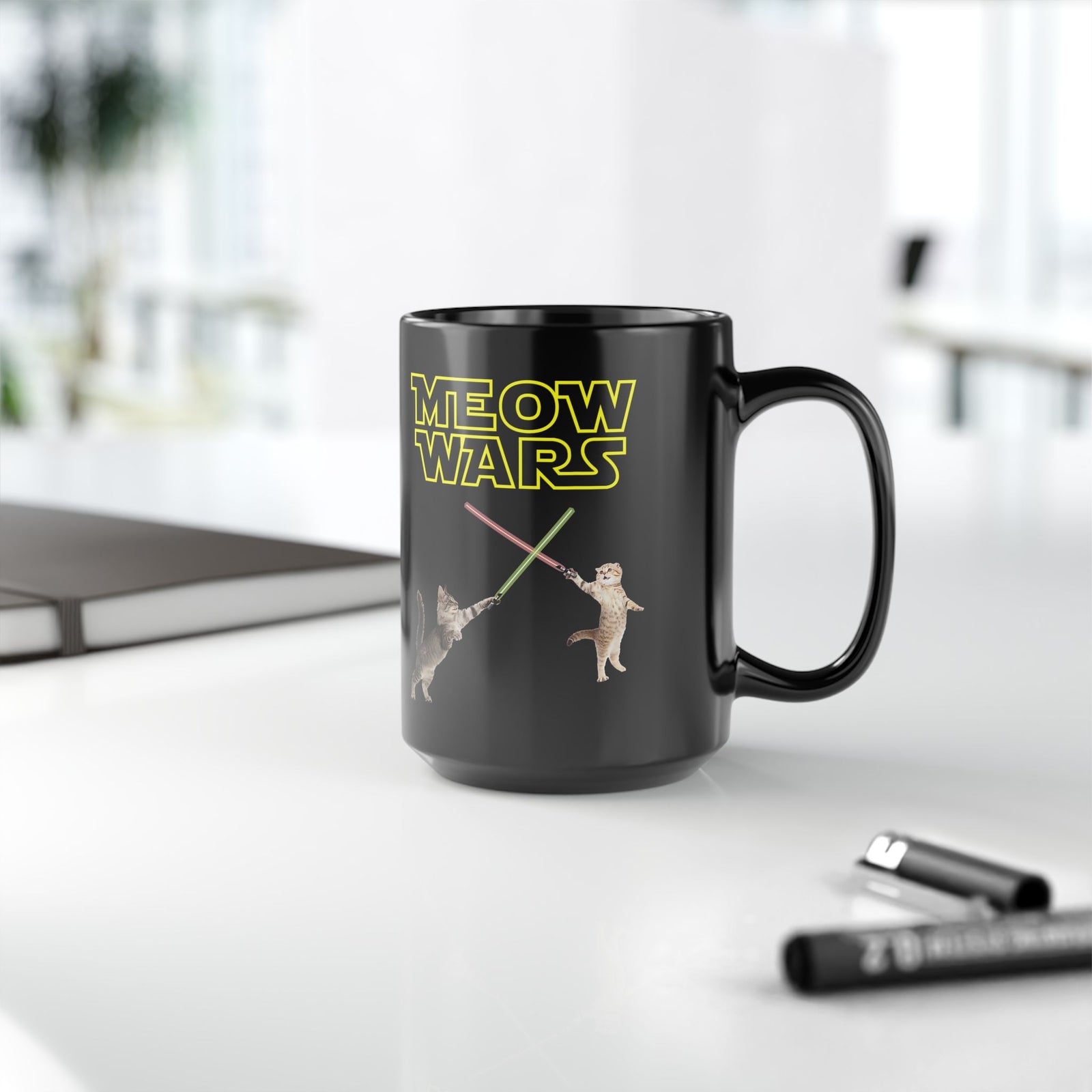 Meow Wars Black Mug — Funny Cat Lightsaber Mug