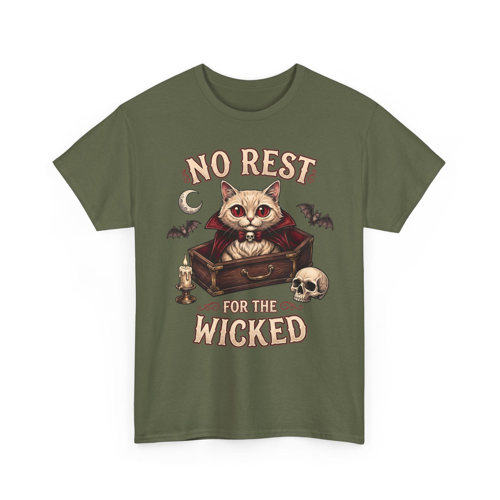 No Rest For The Wicked Vampire Cat Coffin Shirt — Gothic Halloween Tee