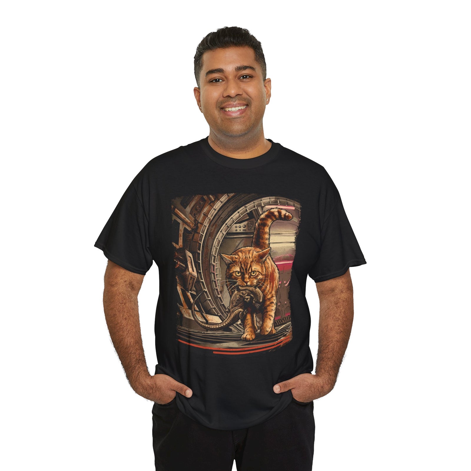 Sci-Fi Pest Control Cat T-Shirt — Alien Hunter Orange Tabby Graphic