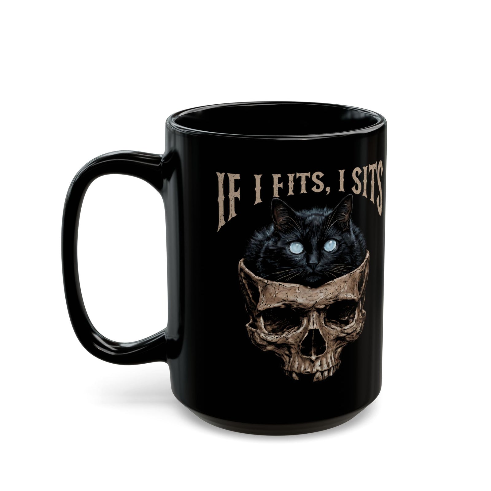 If I Fits I Sits Cat Black Mug — Funny Gothic Black Cat Skull Graphic