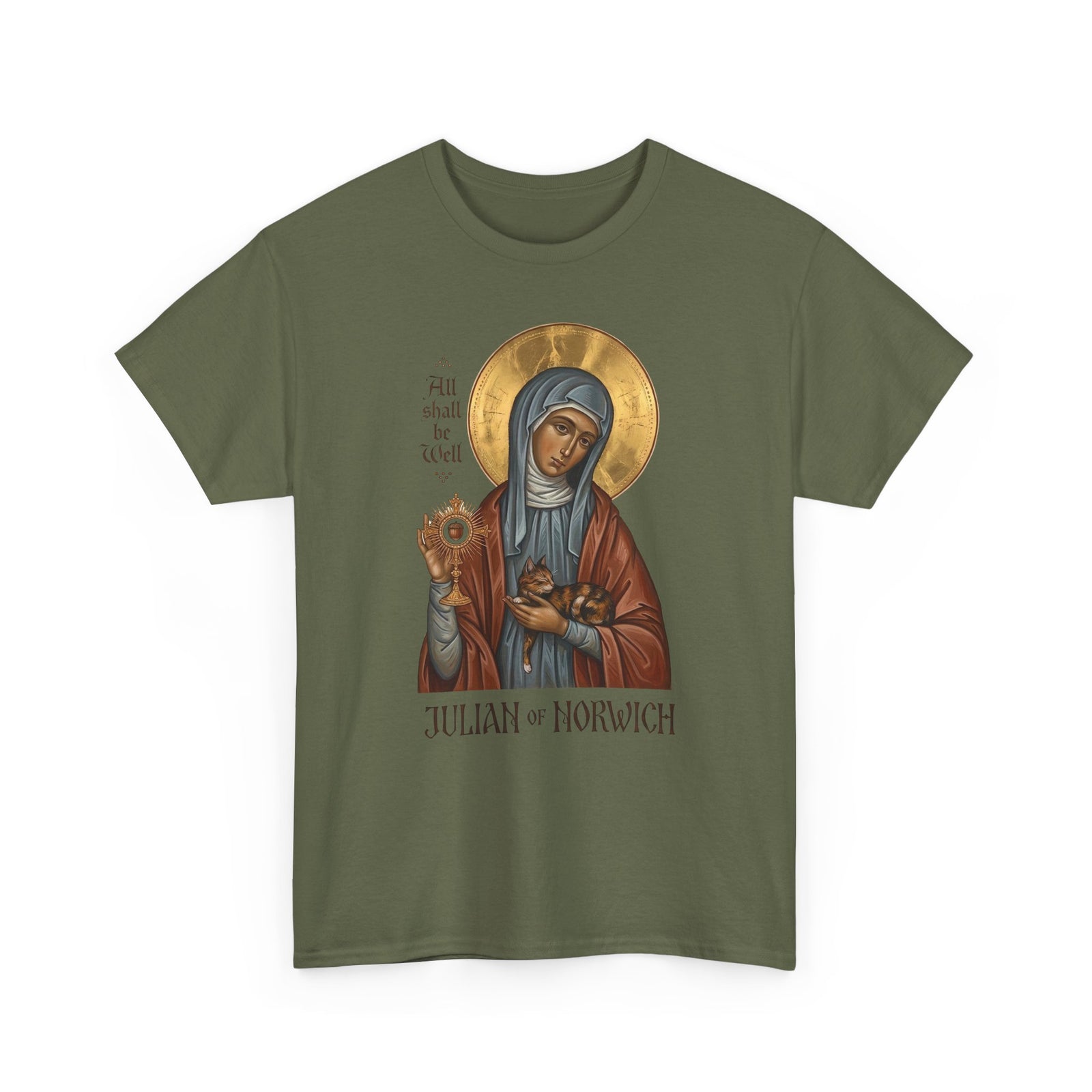 Julian of Norwich & Cat T-Shirt — Spiritual Saint Tee for Cat Lovers