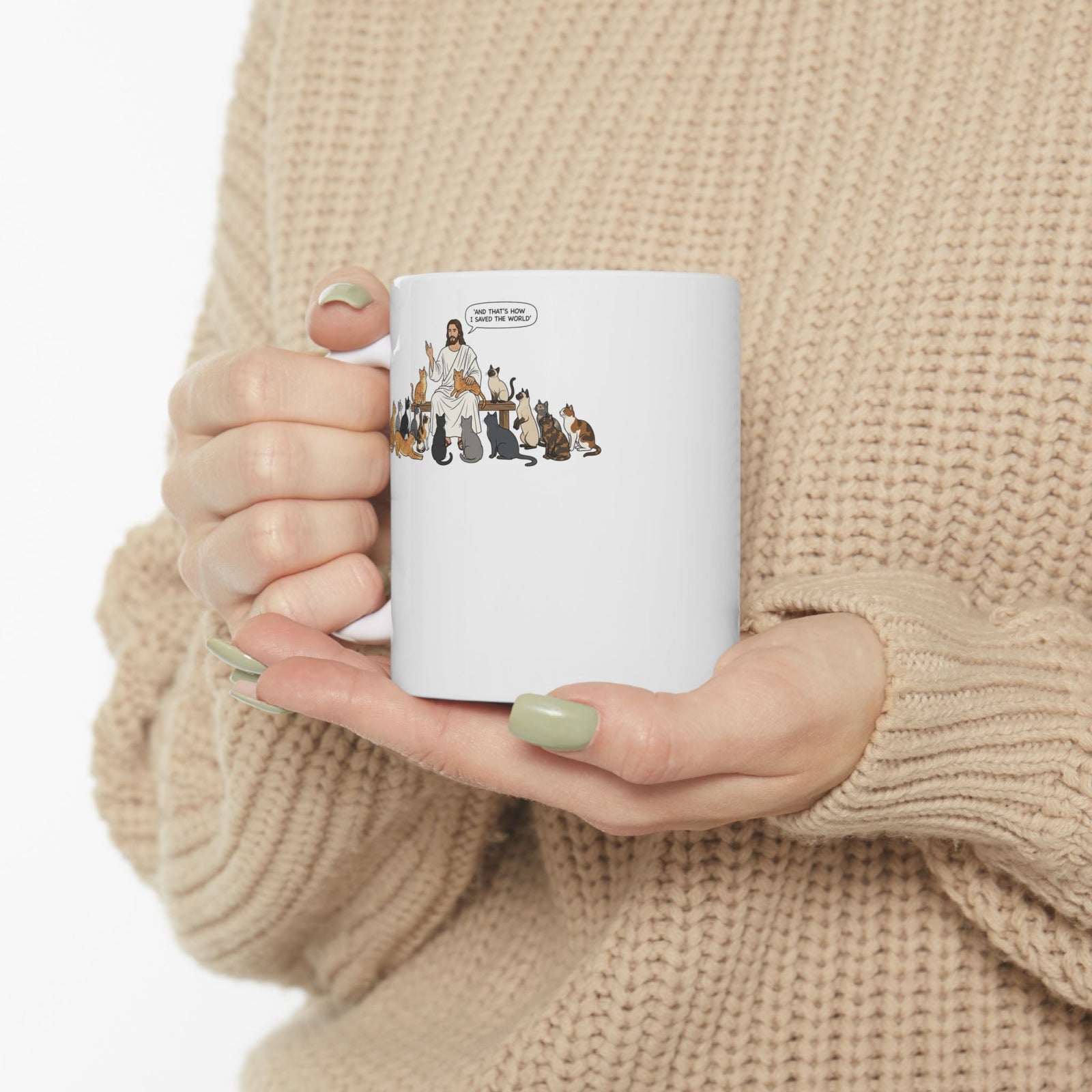 Cats & Jesus Ceramic Mug — Faith + Feline Graphic Mug