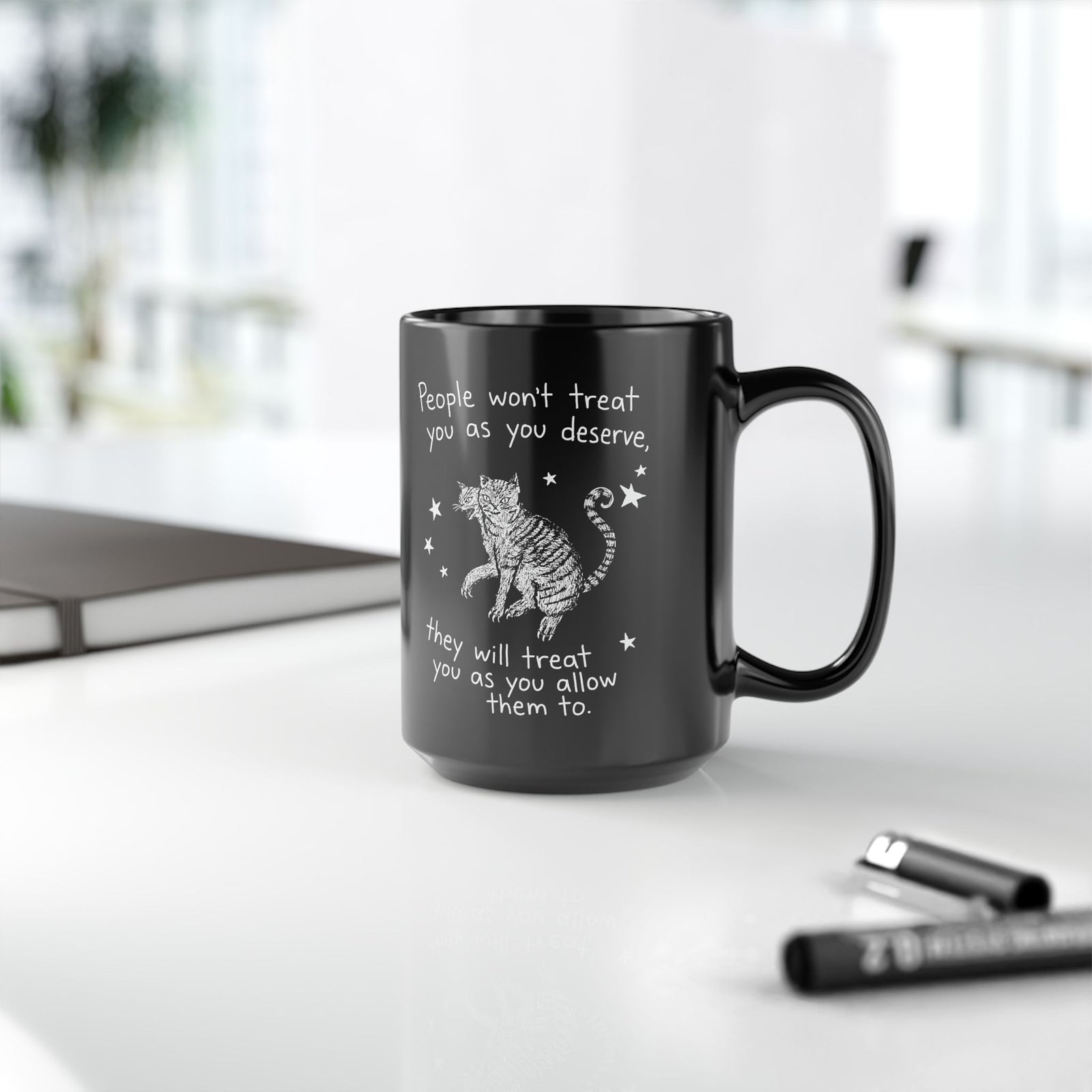 Two-Headed Tabby Cat Black Mug — "People Won't Treat You As You Deserve" Gothic Woodcut Mug