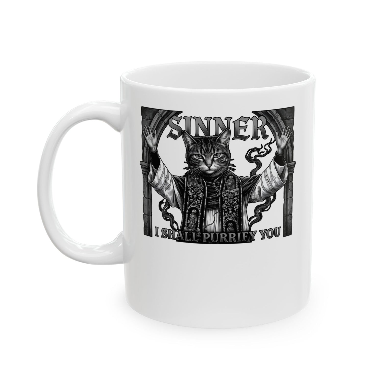 Sinner Shall I Purrify You Cat Mug — 'Purriest' Funny Gothic Cat Mug