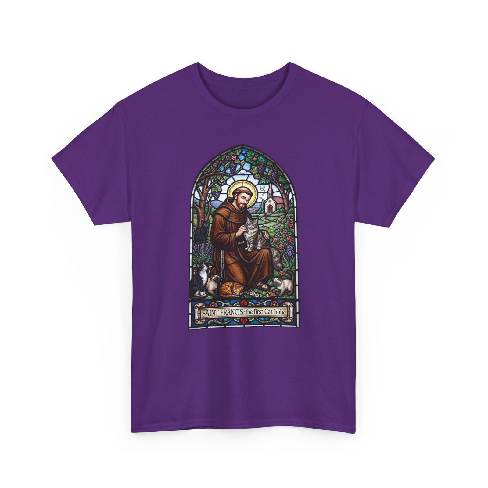 Saint Francis Cat T-Shirt — "SAINT FRANCIS — the first Cat-holic"