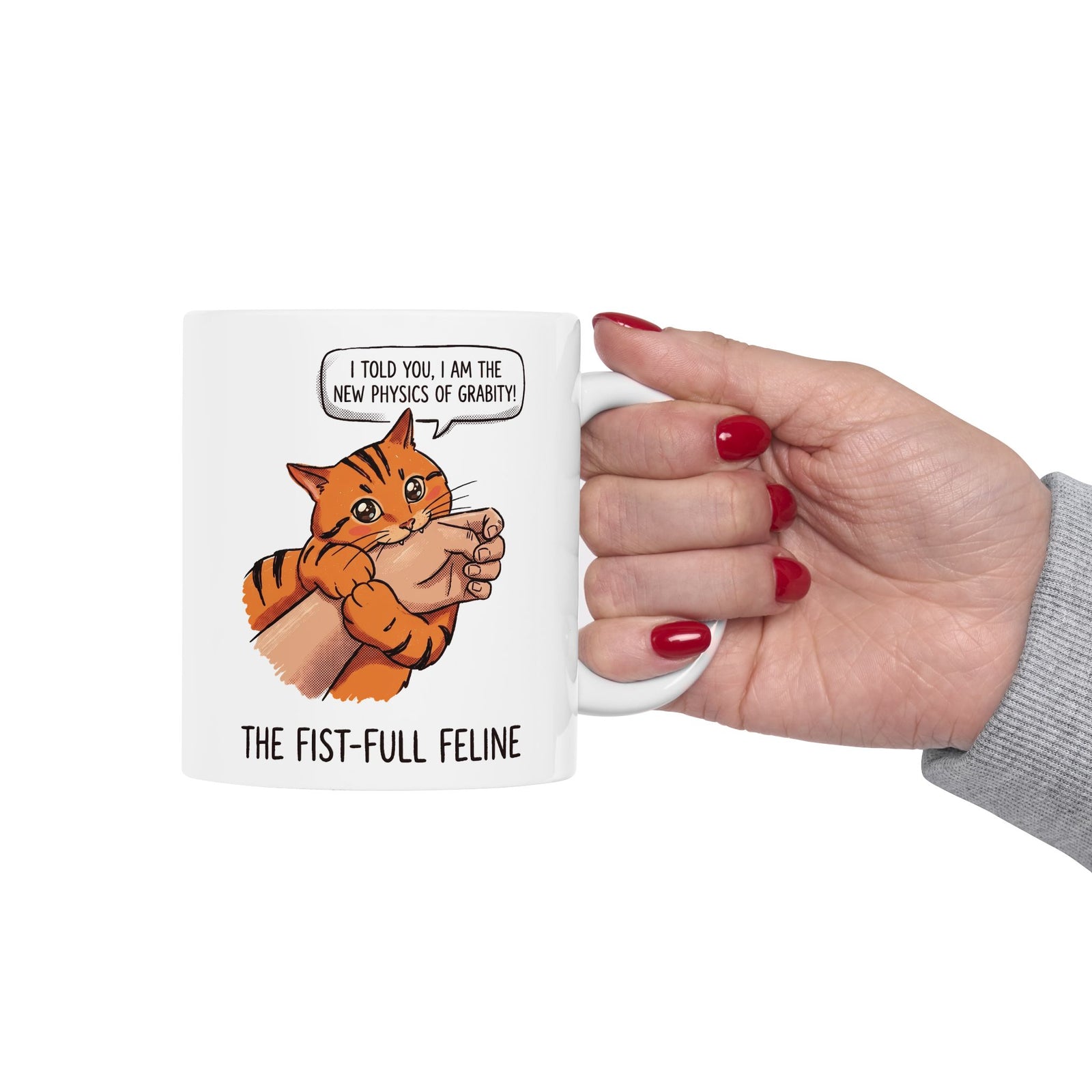 The New Physics Of Grabity Ceramic Mug — Funny Orange Cat Biting Hand Mug