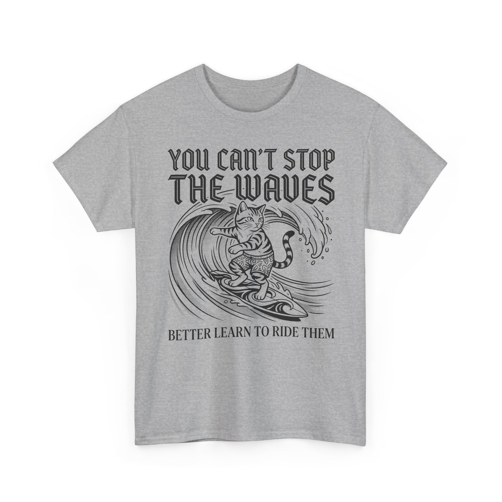 Vintage Surfer Cat T-Shirt — Monochrome Ocean Waves Graphic Tee