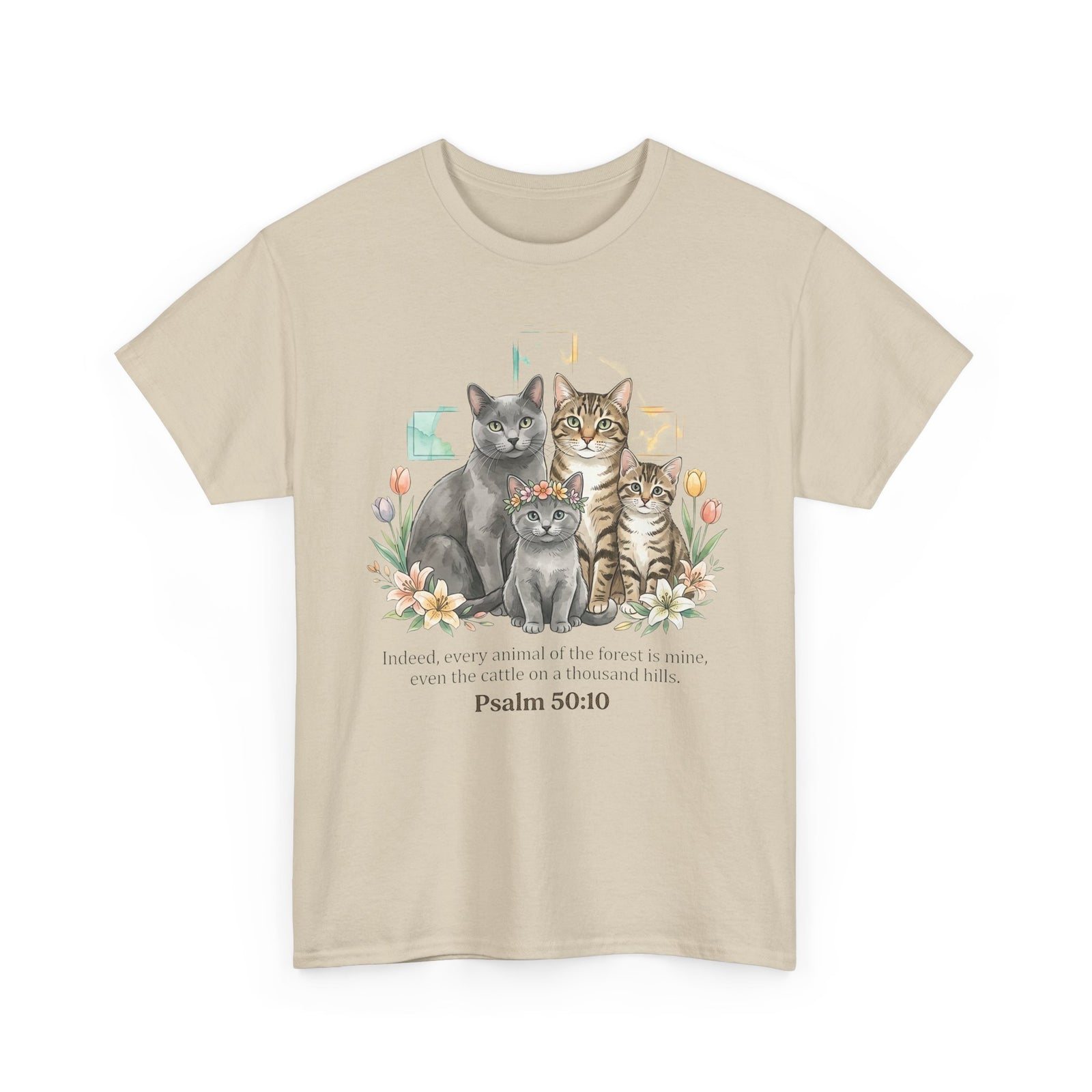 Cat Family Psalm 50:10 Floral T-Shirt — Christian Pet Lover Tee
