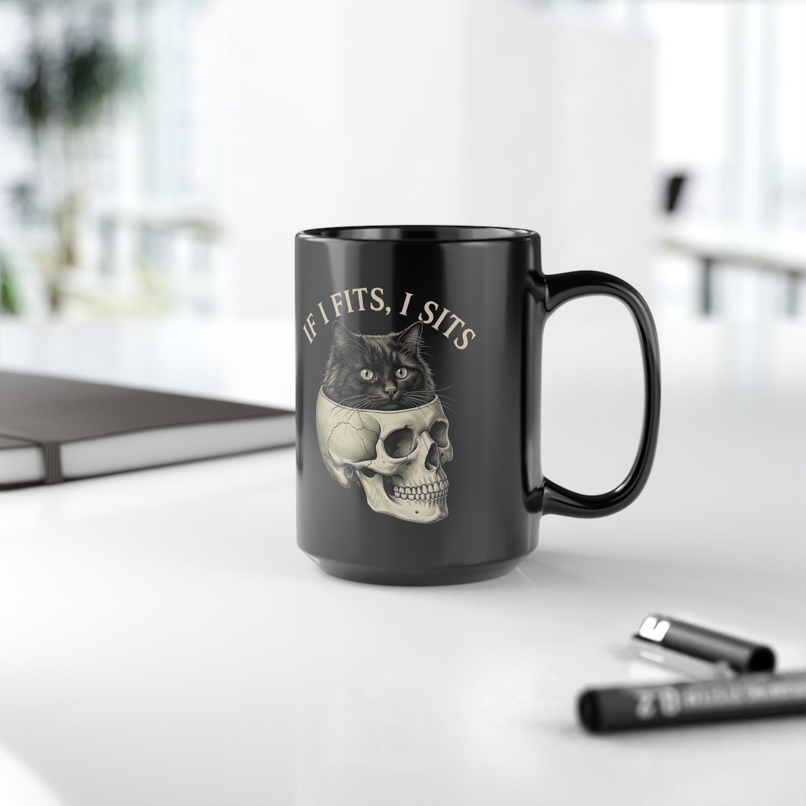 Cat 'If I Fits I Sits' Black Mug
