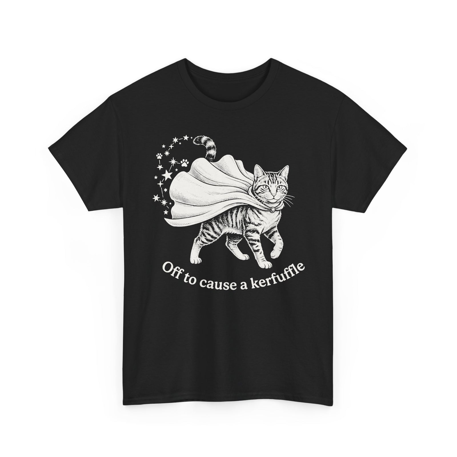 Cat Cape T-Shirt — "Off to cause a kerfuffle" Cute Mischief Cat Tee