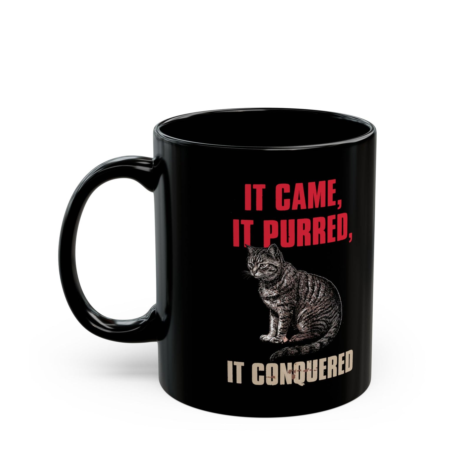 It Came It Purred It Conquered Black Mug — Funny Julius Caesar Cat Parody Mug