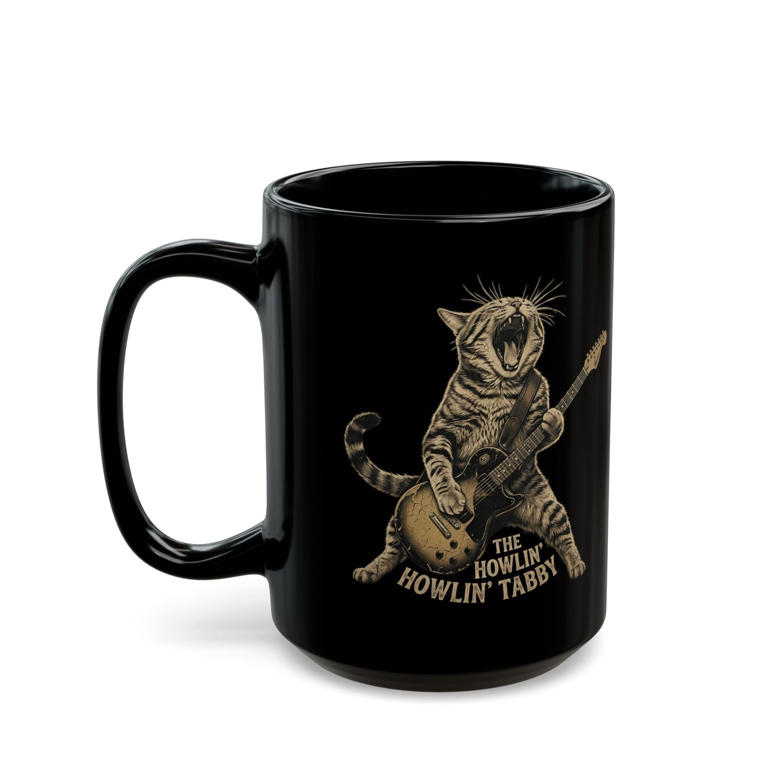 Howlin' Howlin' Tabby Black Mug — Retro Cat Graphic Mug