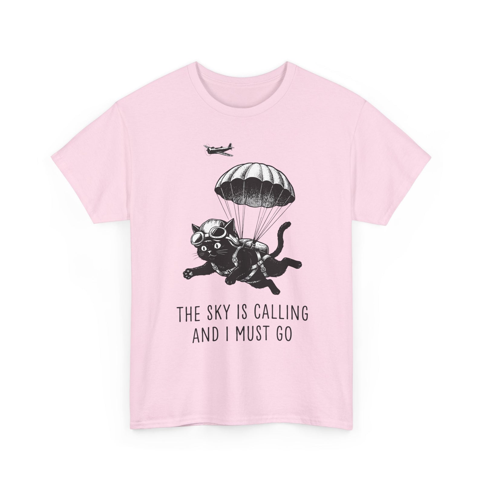 The Sky Is Calling And I Must Go T-Shirt — Funny Parachuting Black Cat Tee