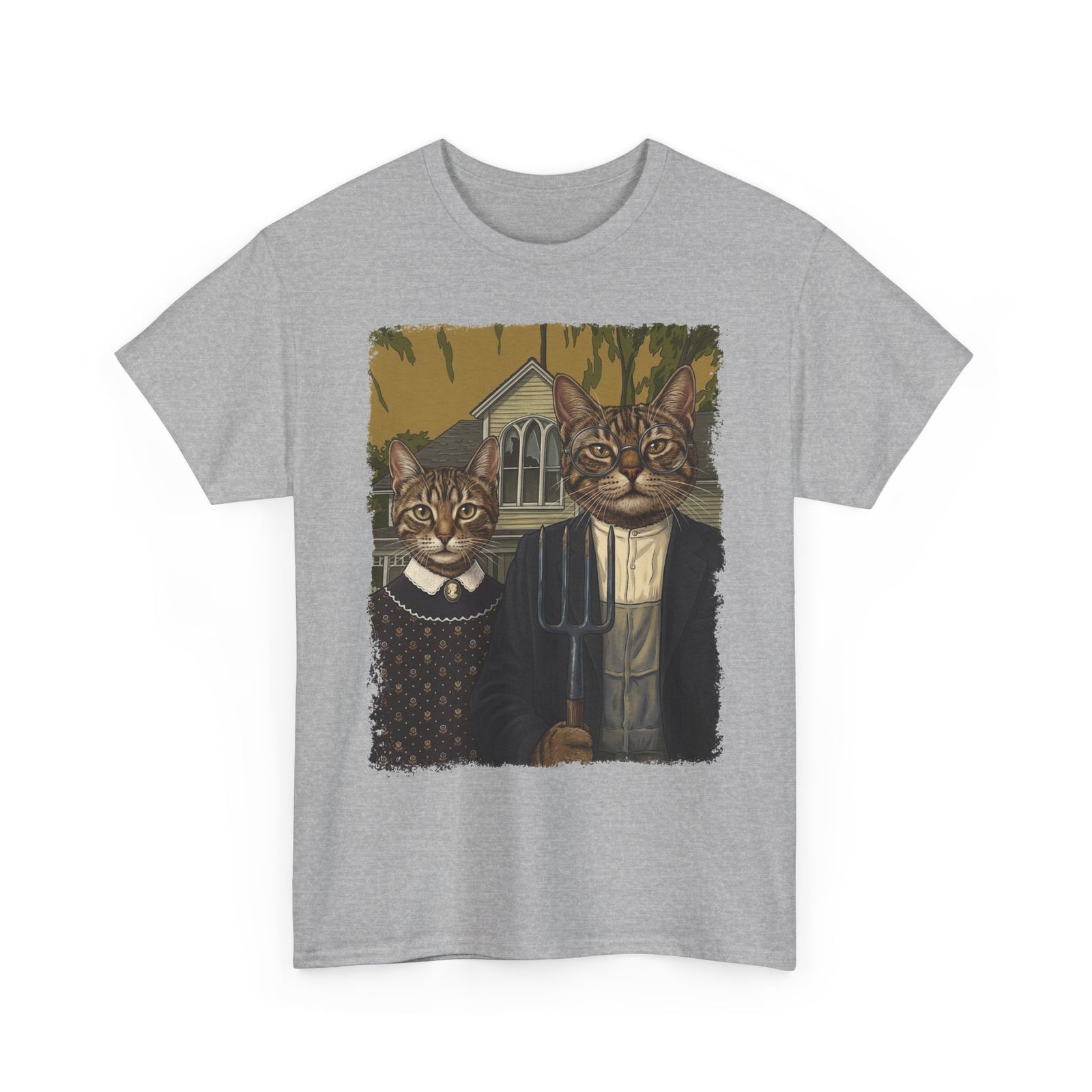 Gothic Cat Couple Tee — Parody ‘American Gothic’ Cat Portrait T-Shirt