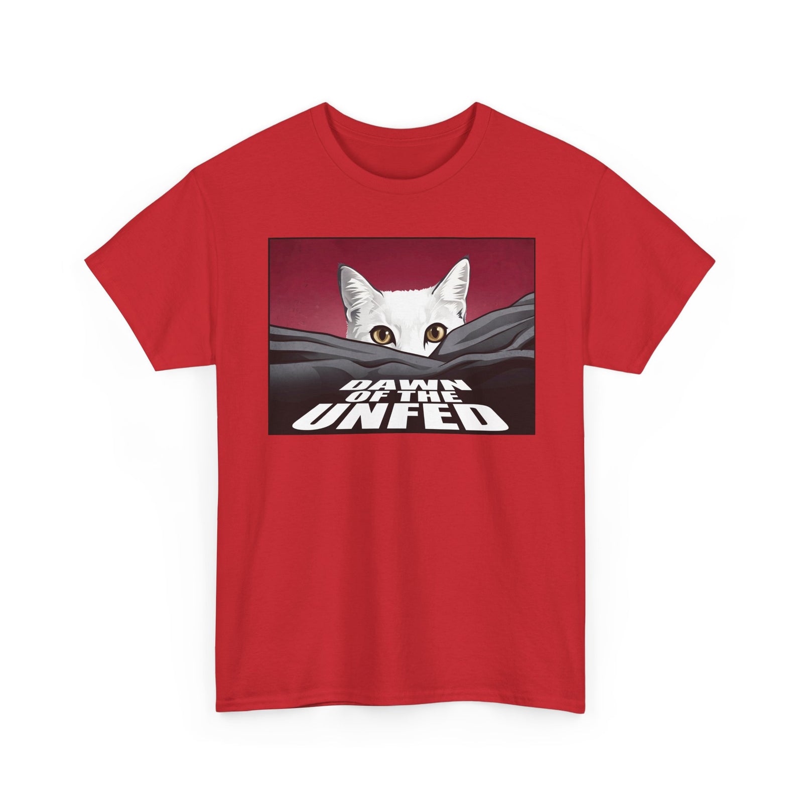 Dawn of the Unfed T-Shirt — Funny White Cat Horror Movie Parody Tee