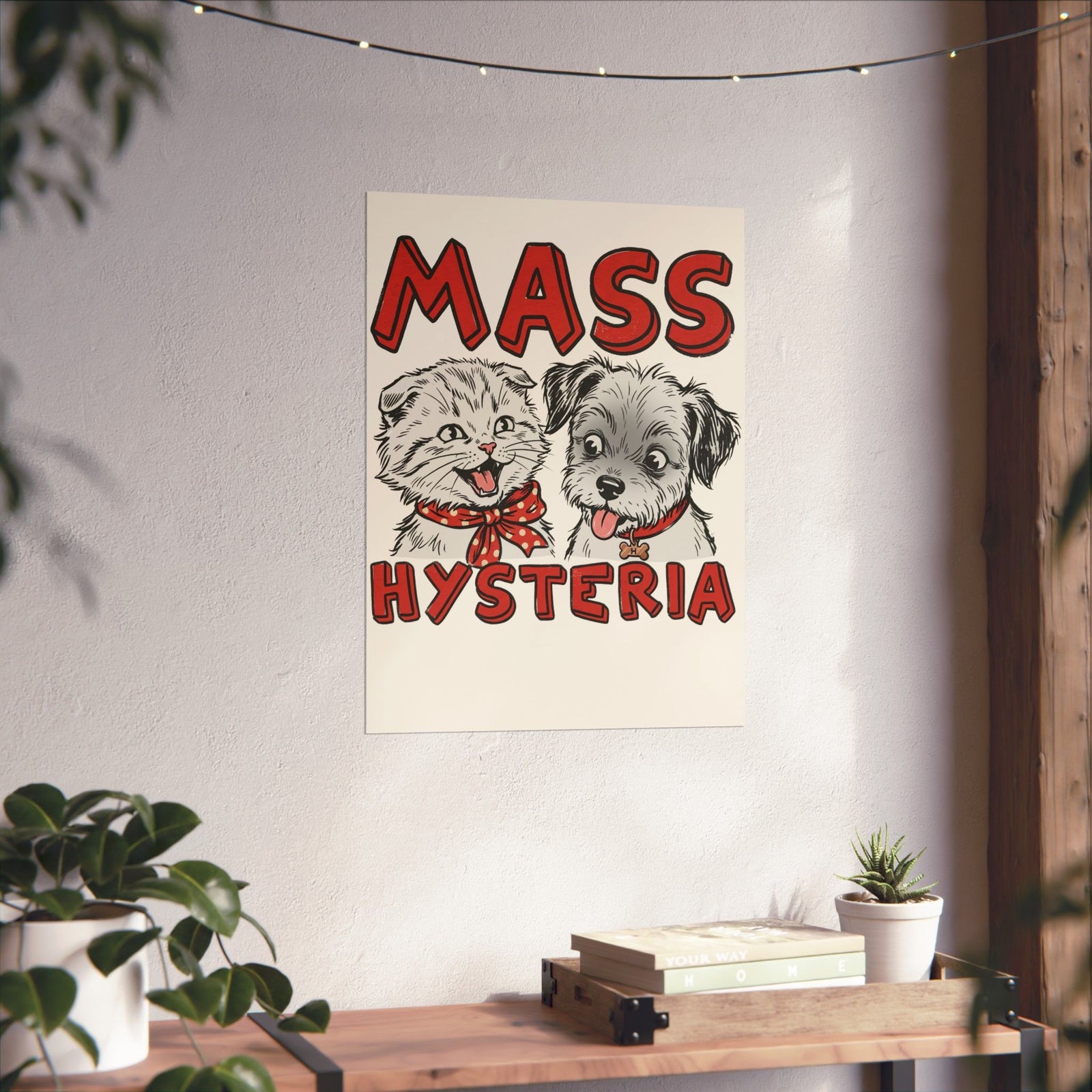 Cat & Dog Mass Hysteria Poster Funny Puppy & Kitten Line Art Poster