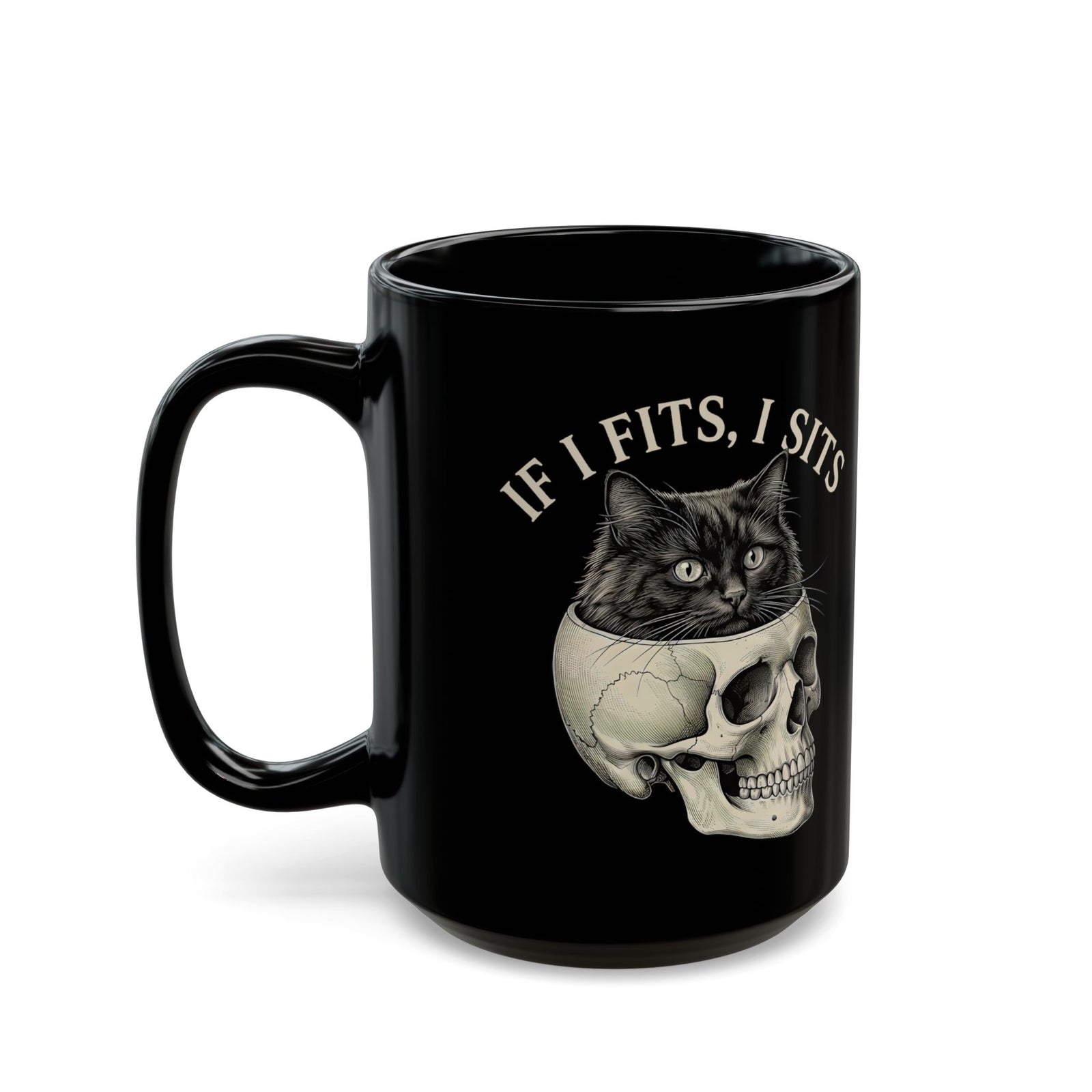 Cat 'If I Fits I Sits' Black Mug
