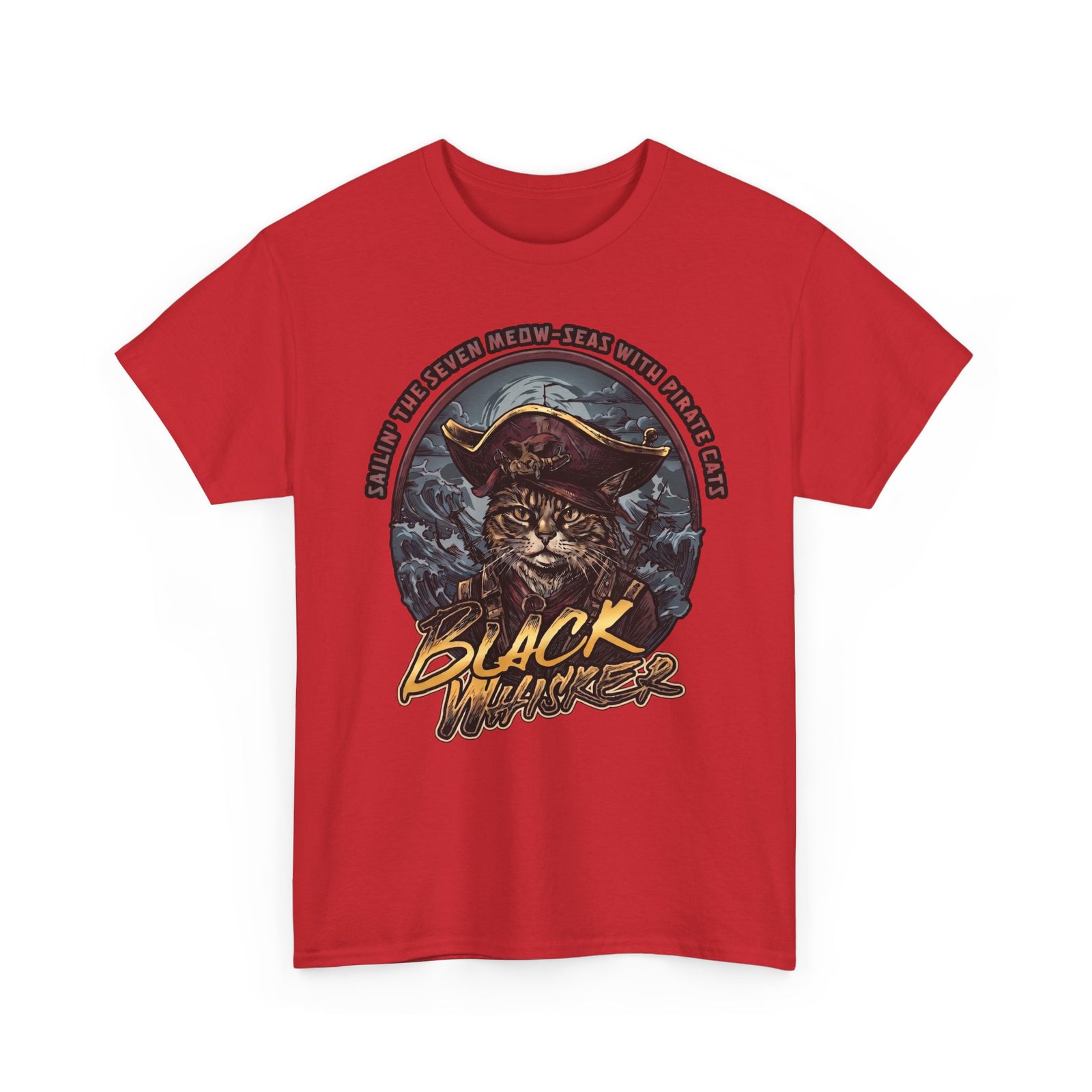 Black Whisker Pirate Cat T-Shirt — Funny Nautical Seven Meow-Seas Tee