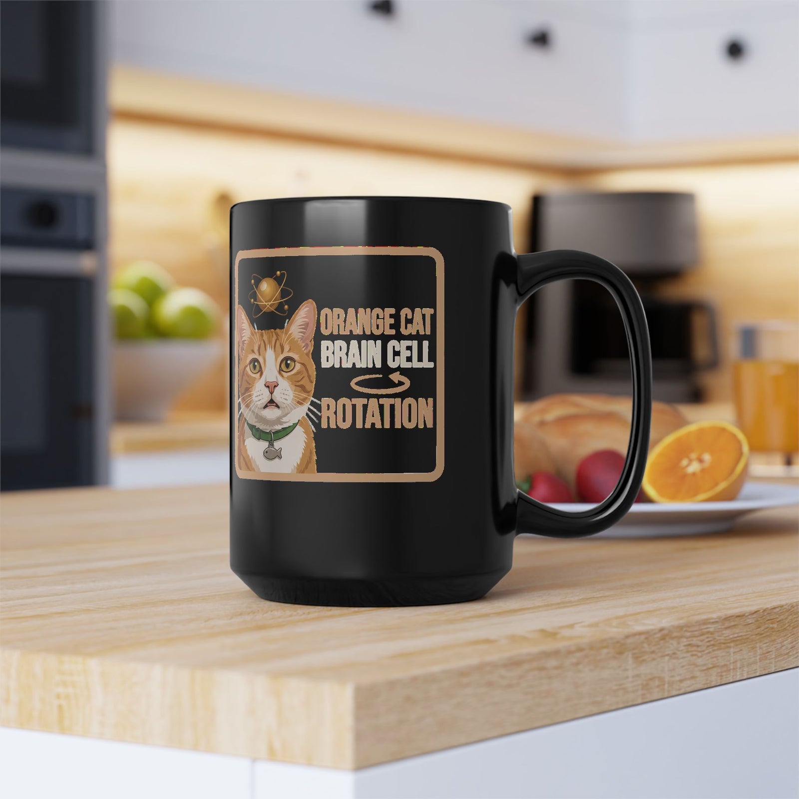 Orange Cat Brain Cell Rotation Black Mug