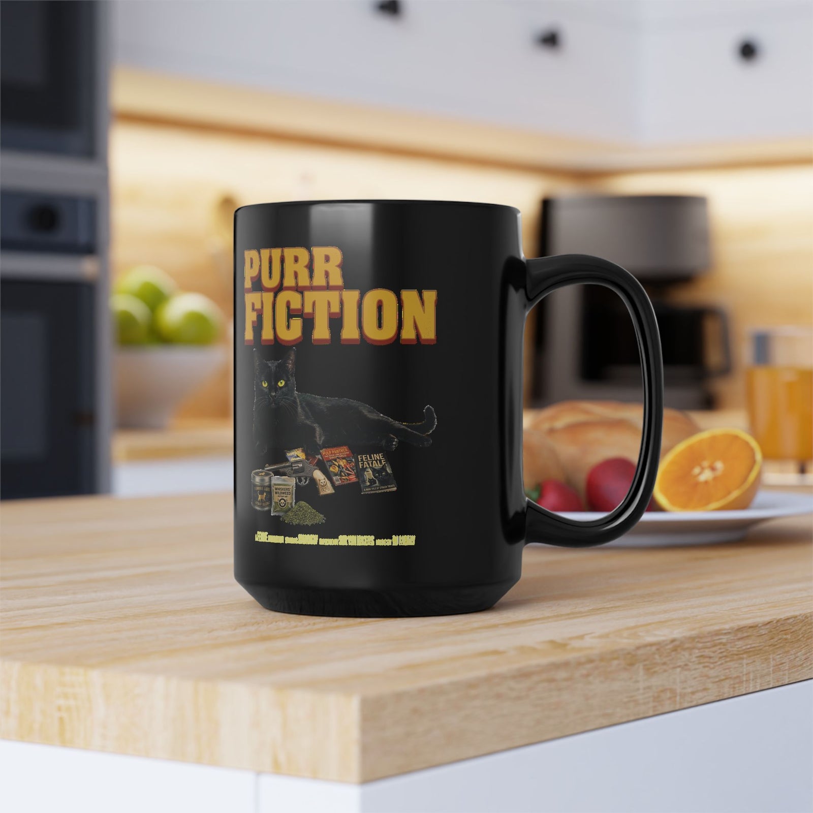 Purr Fiction Cat Parody Black Mug