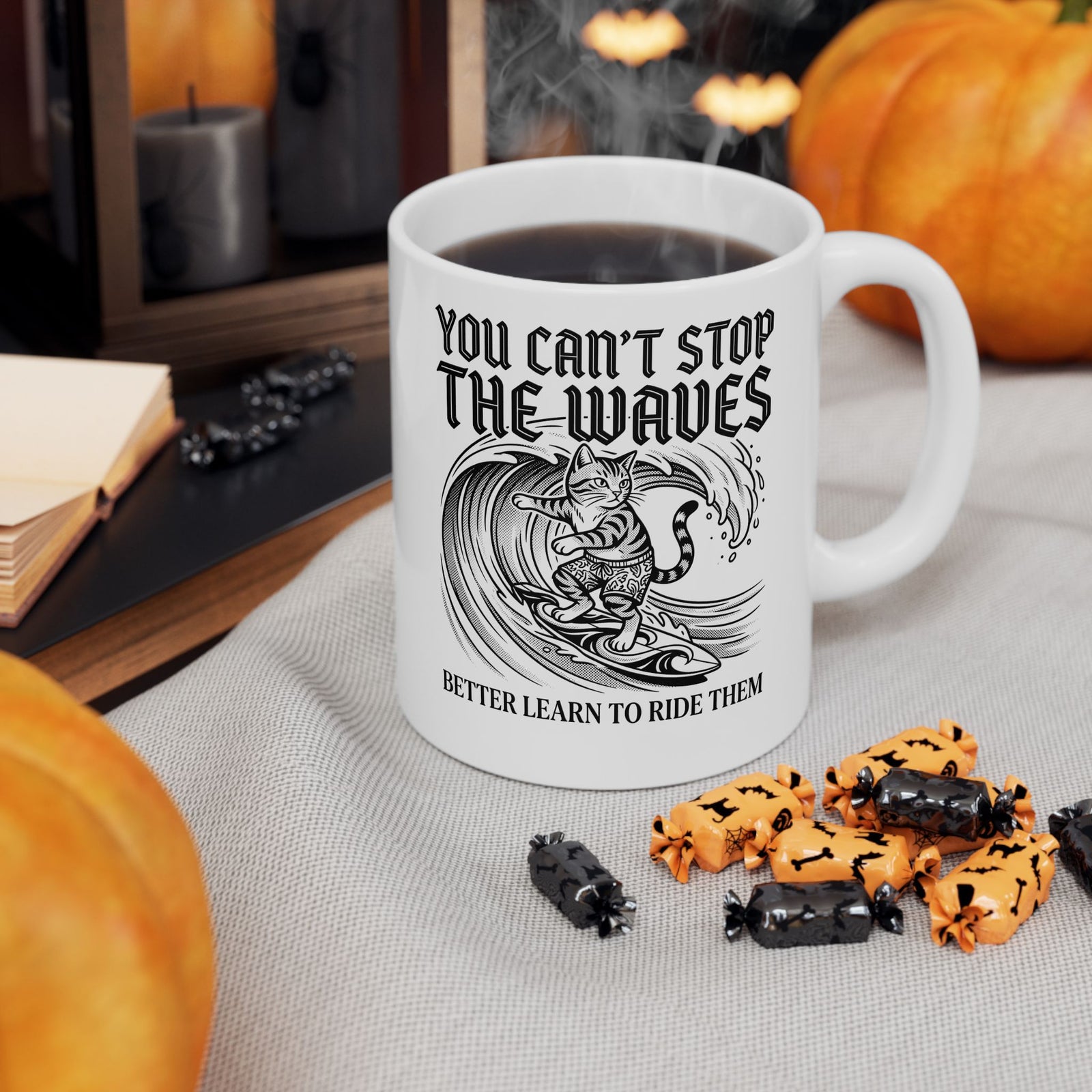 Vintage Surfer Cat Ceramic Mug — Monochrome Ocean Waves Graphic Mug