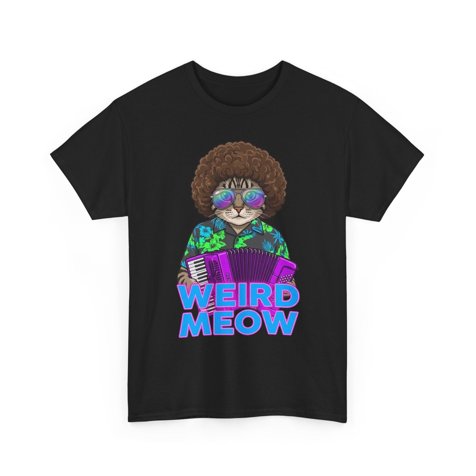 Weird Meow Cat T-Shirt — Retro Disco Cat with Accordion