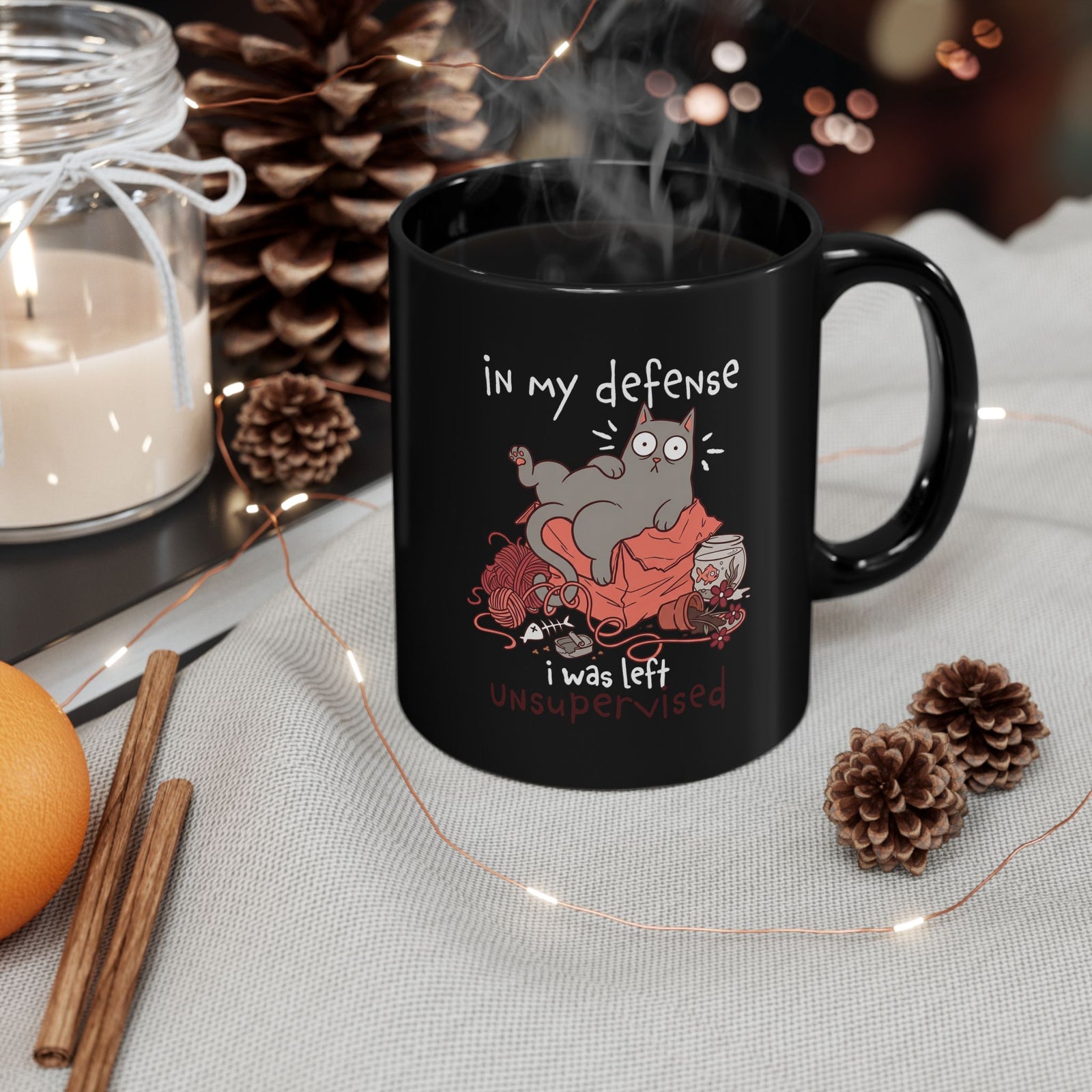 Cute Messy Cat Black Mug — "In My Defense, I Was Left Unsupervised" Cat Mug