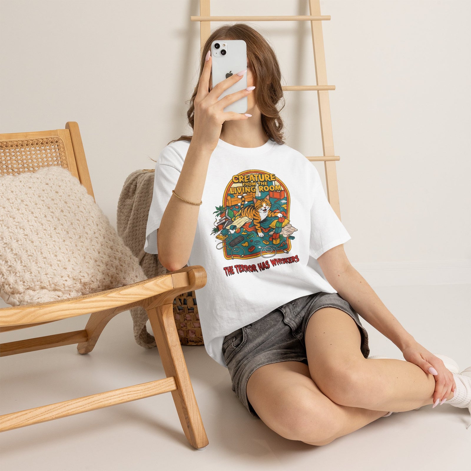 Cozy Living Room Cat Tee — Retro Sunlit Illustration Graphic Shirt