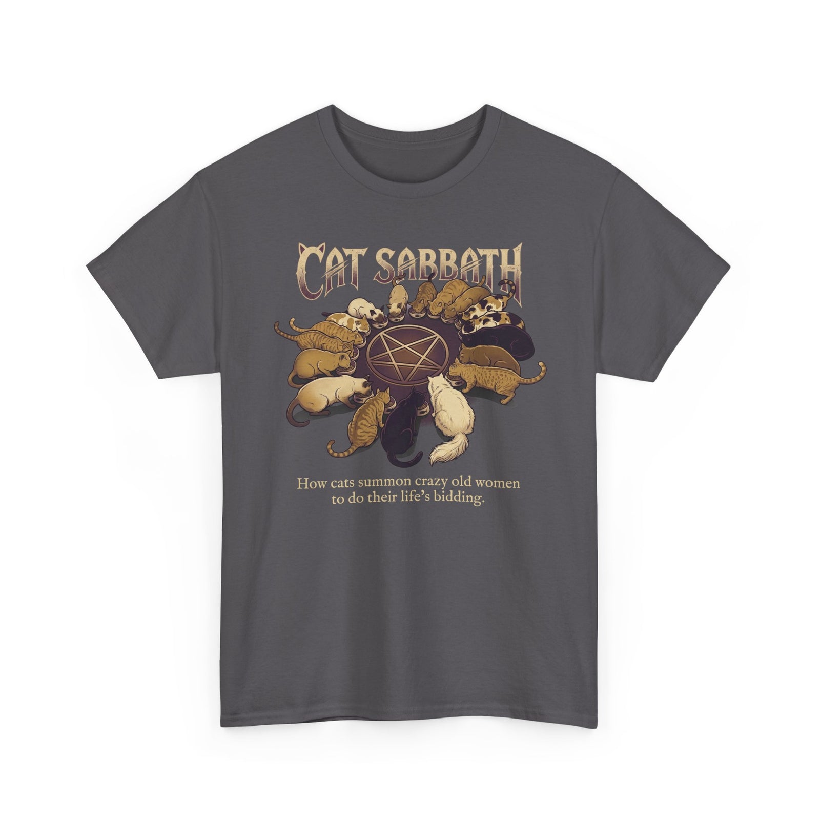 Cat Sabbath Tee — Vintage Occult Cat Shirt with How Cats Summon Crazy Old Women…