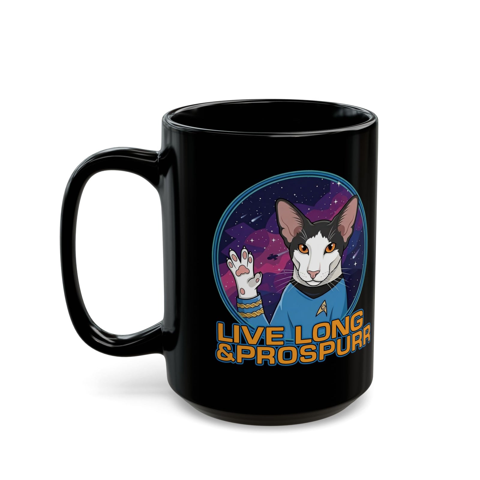 Sci‑Fi Cat 'Live Long Prospurr' Black Mug