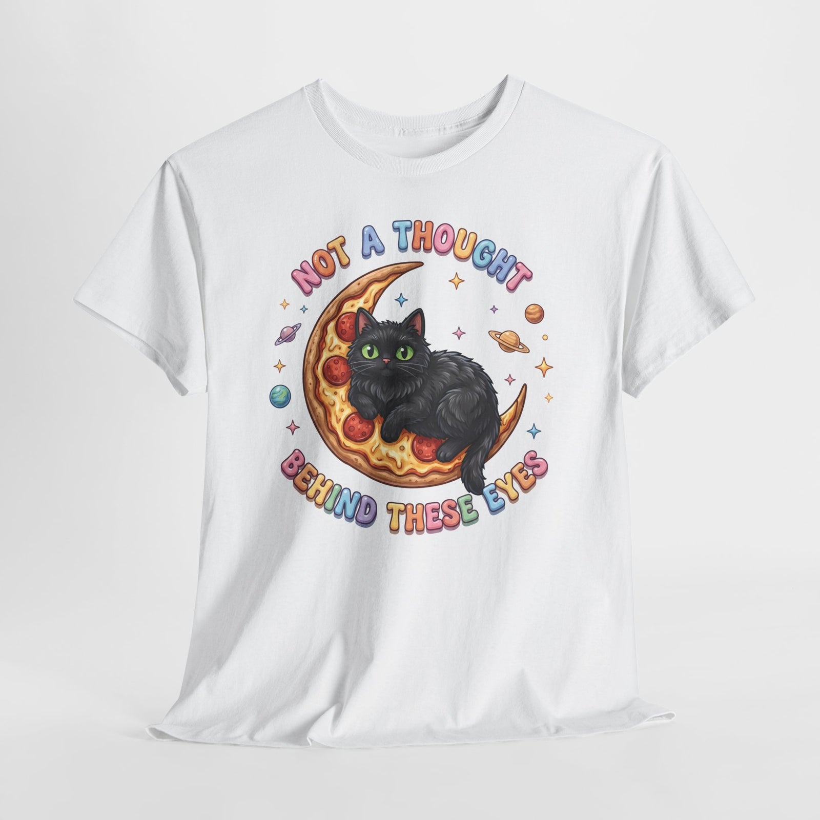 Not A Thought Behind These Eyes T-Shirt — Funny Black Cat Pizza Moon Tee