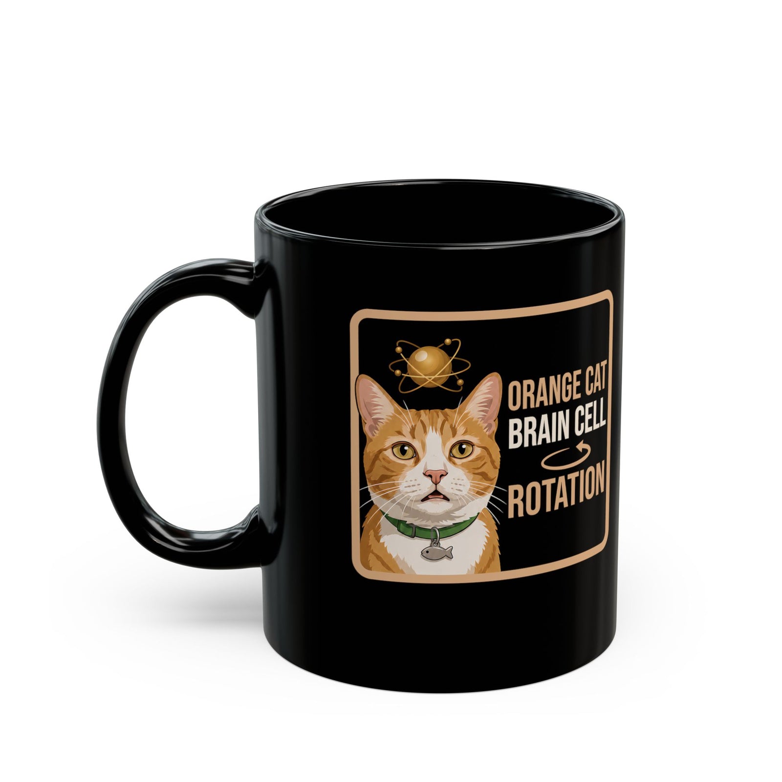 Orange Cat Brain Cell Rotation Black Mug