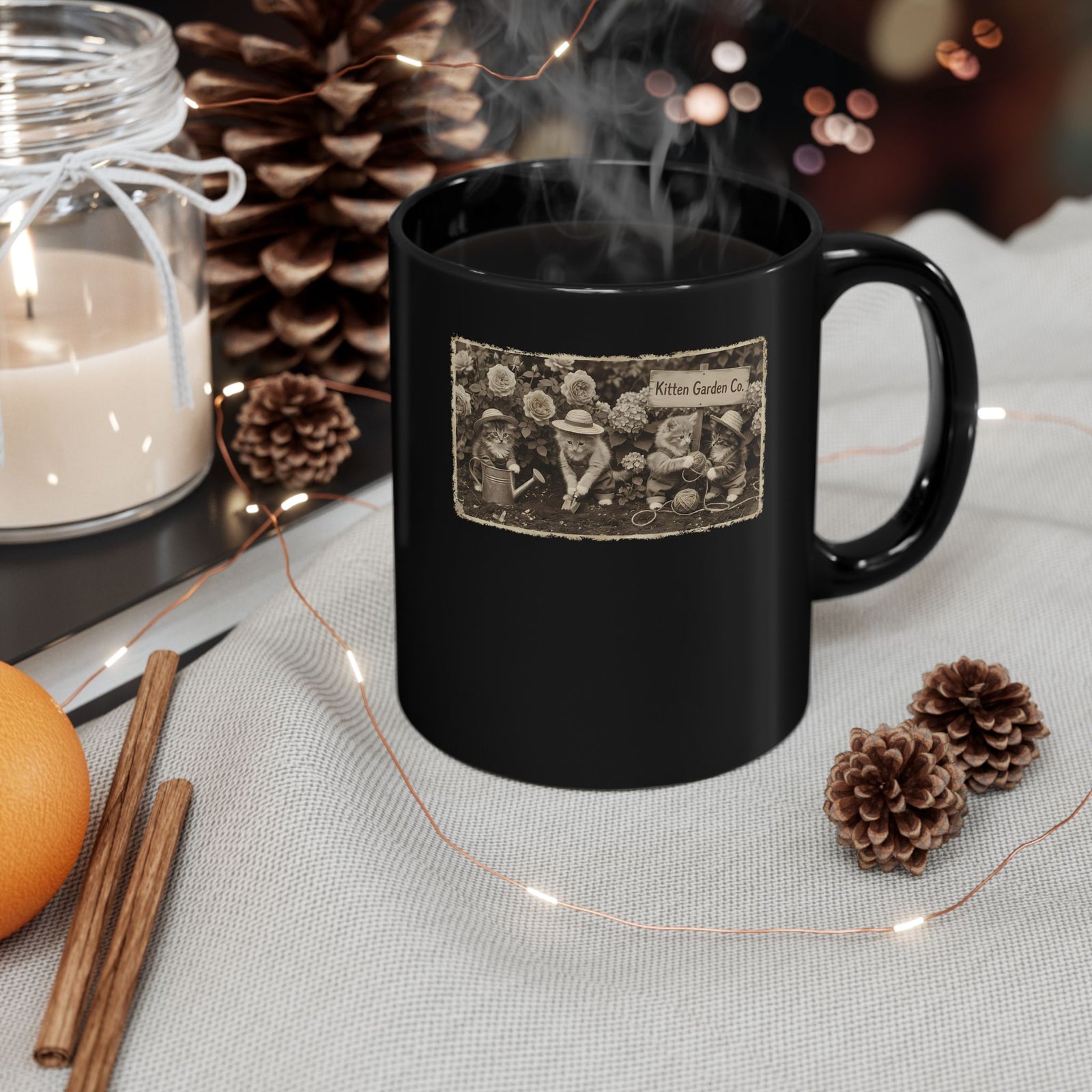 Vintage Kittens in the Garden Black Mug — Cute Floral Cat Mug