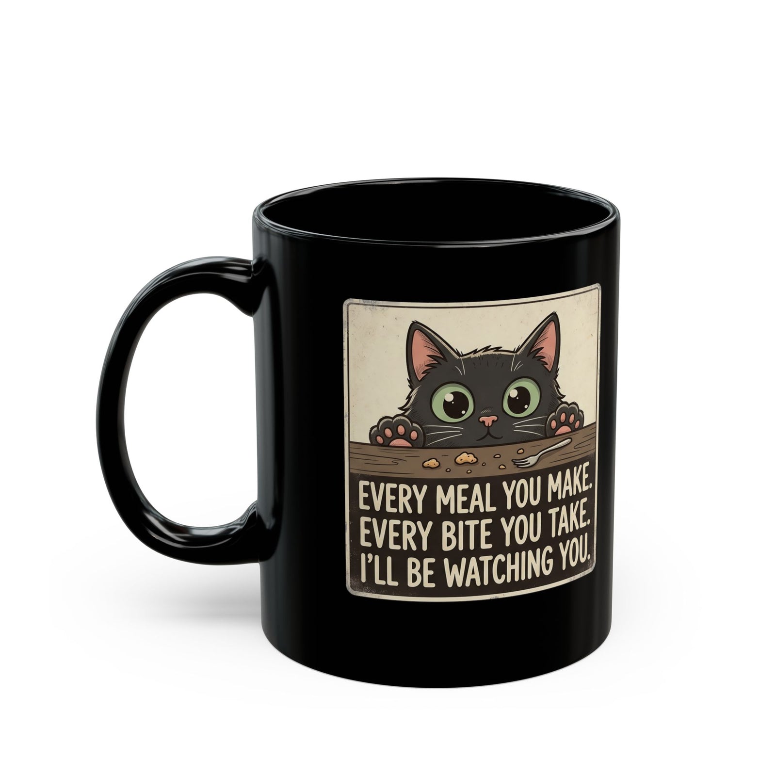 Cute Stalker Cat Watching You Black Mug — Funny Cat Lover Mug