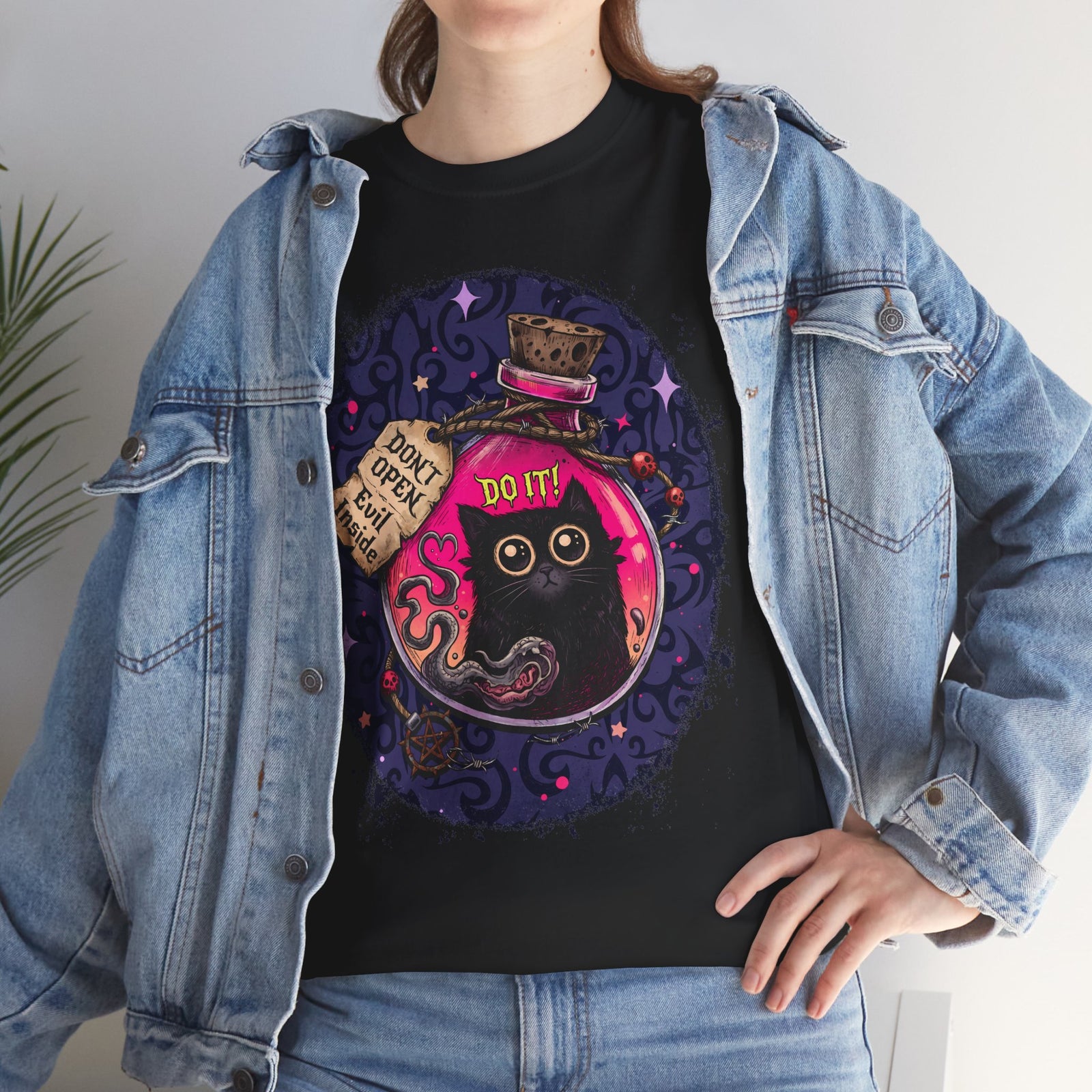 Don't Open Evil Inside Potion Cat T-Shirt — Creepy Cute Black Cat Tee